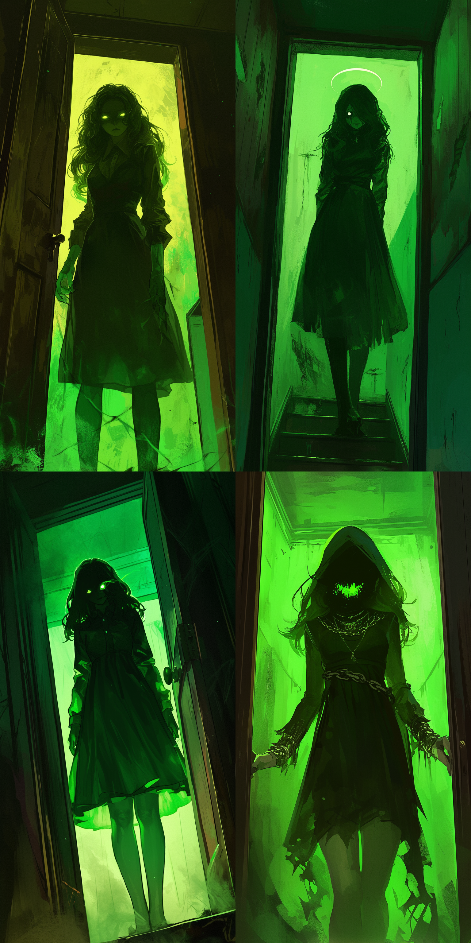 亵渎之女，恐怖氛围，惊悚感，绿色调，房屋内背景
