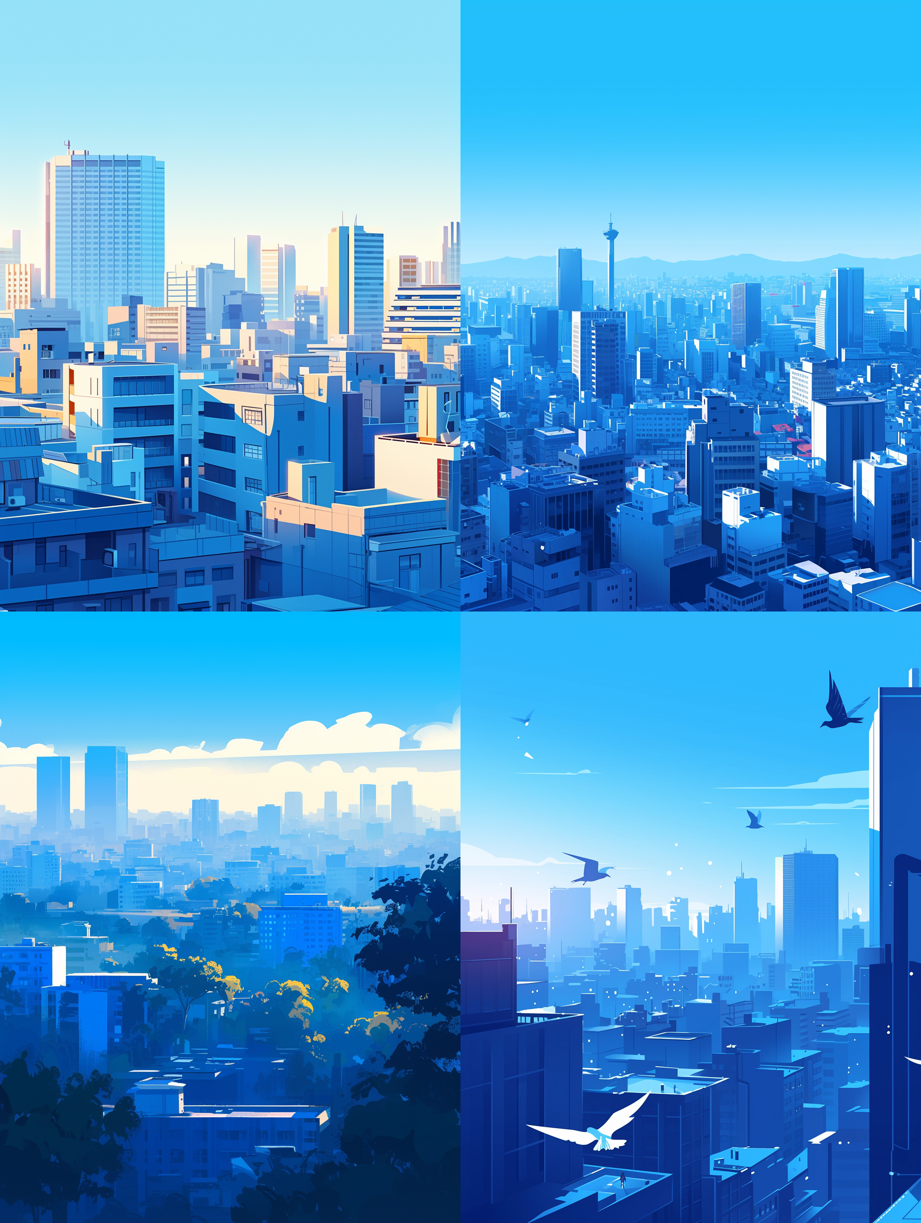 flat illustration of chinese big city landscape , bold and bright colors with gradient effects, with noise gradient texture, minimalist lines, blue and white