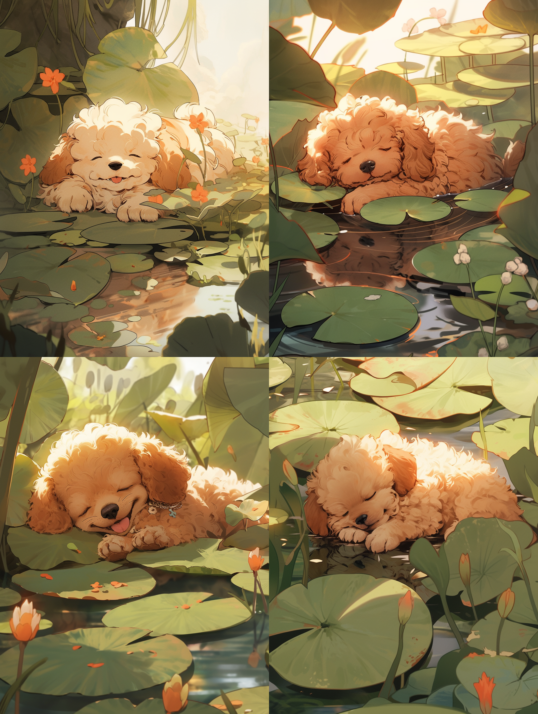 杏色卷毛泰迪狗趴在河边荷塘，夏天慵懒睡觉，微笑表情，简笔画风格，自然光线，温馨氛围，高质量画面，构图简洁，温暖色调，松软轮廓，质朴情感。