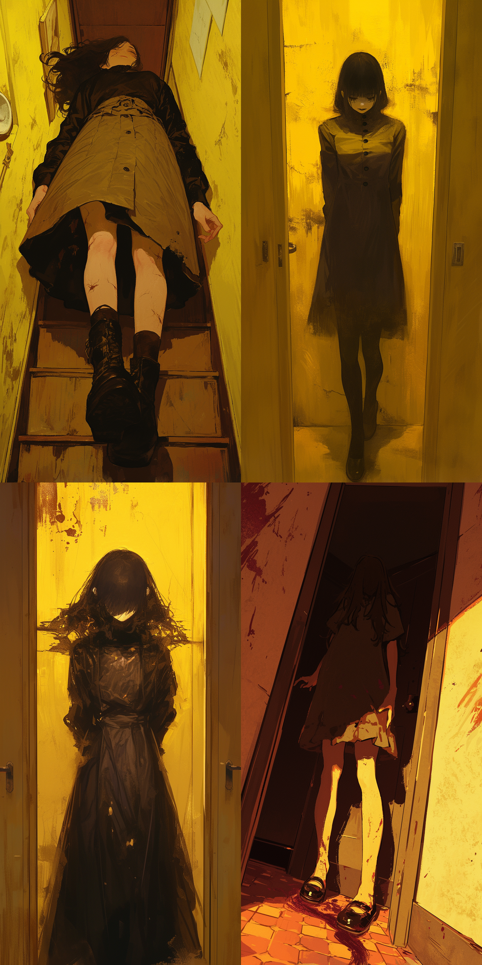 亵渎之女，恐怖氛围，惊悚感，黄色调，房屋内背景