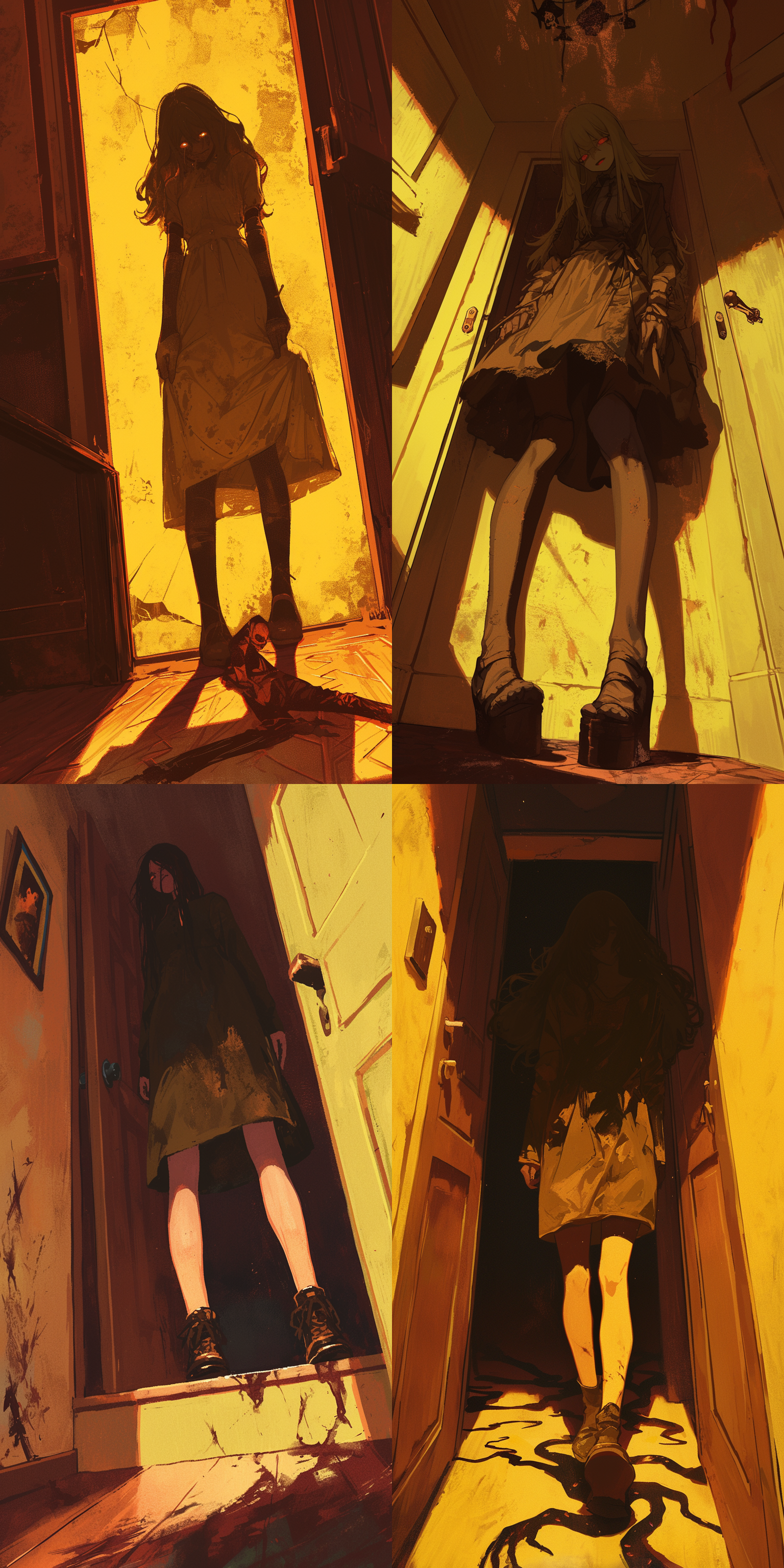 亵渎之女，恐怖氛围，惊悚感，黄色调，房屋内背景