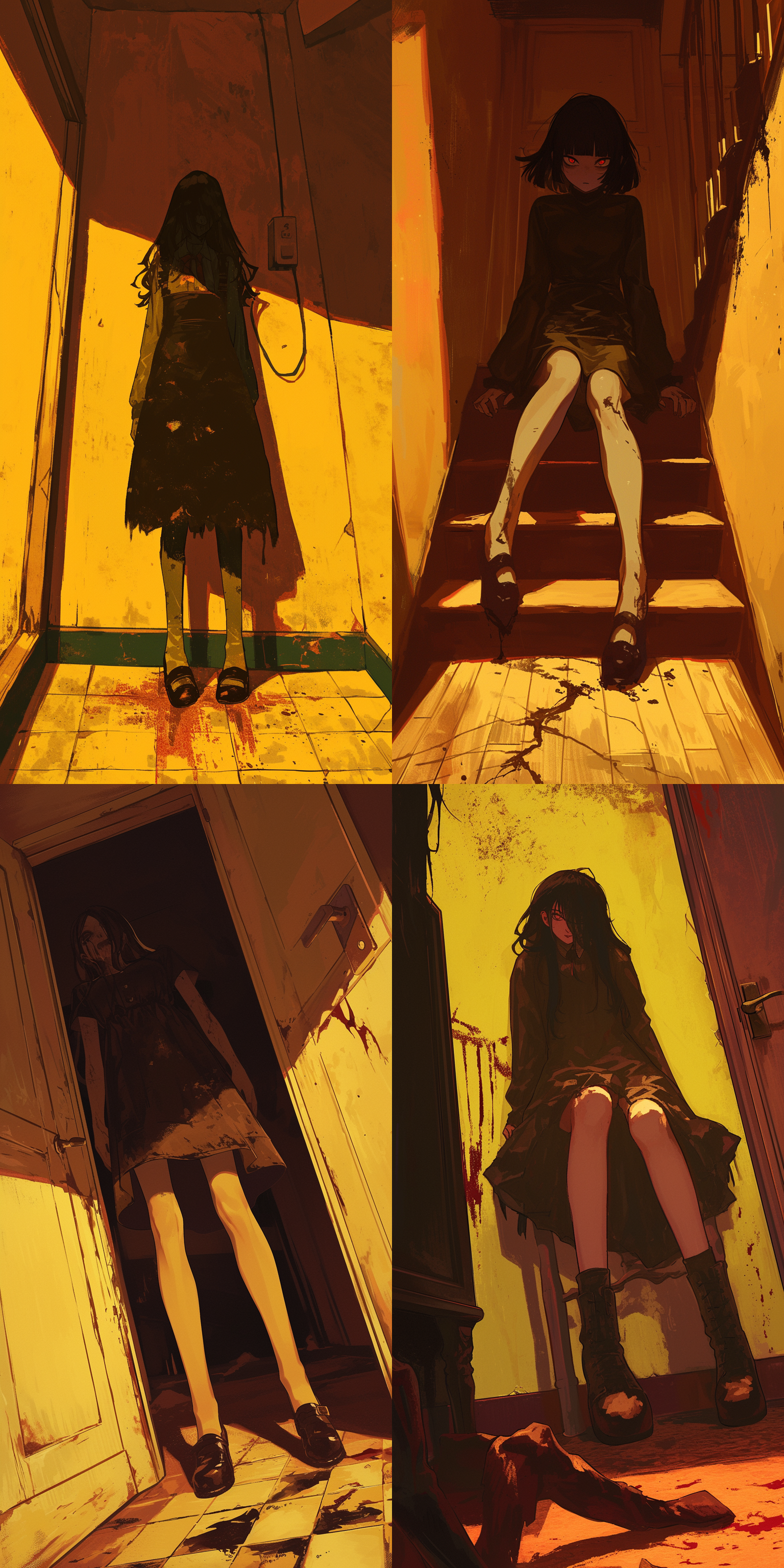 亵渎之女，恐怖氛围，惊悚感，黄色调，房屋内背景