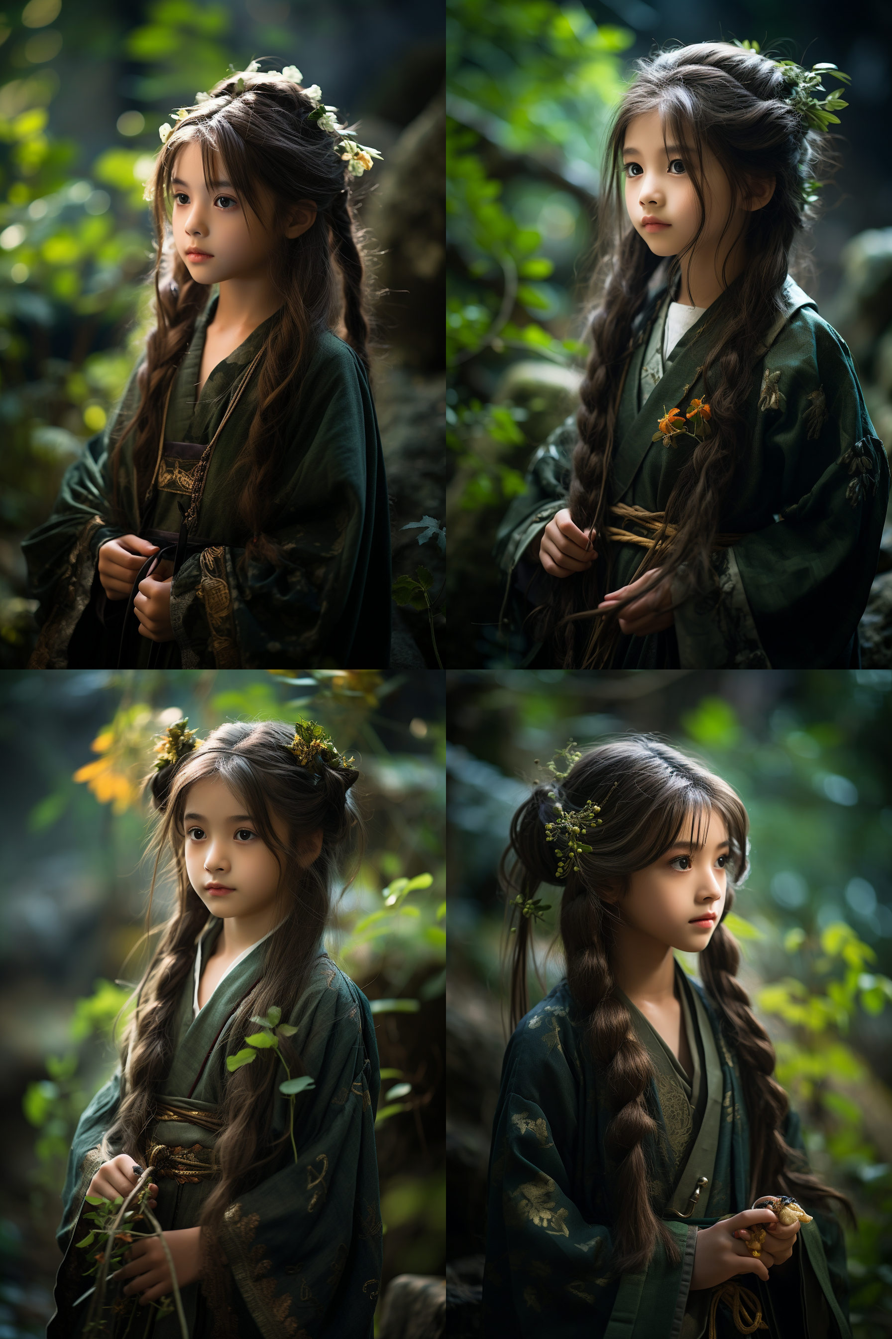 元神中的八重神子，站在神秘的森林深处，穿着古代和服，微风吹动长发。背景是苔藓覆盖的树木和细雨弥漫的氛围。柔和的色调和细腻的表情。日系风格，环境特写，背光，静态，神秘，柔和色调，优雅。