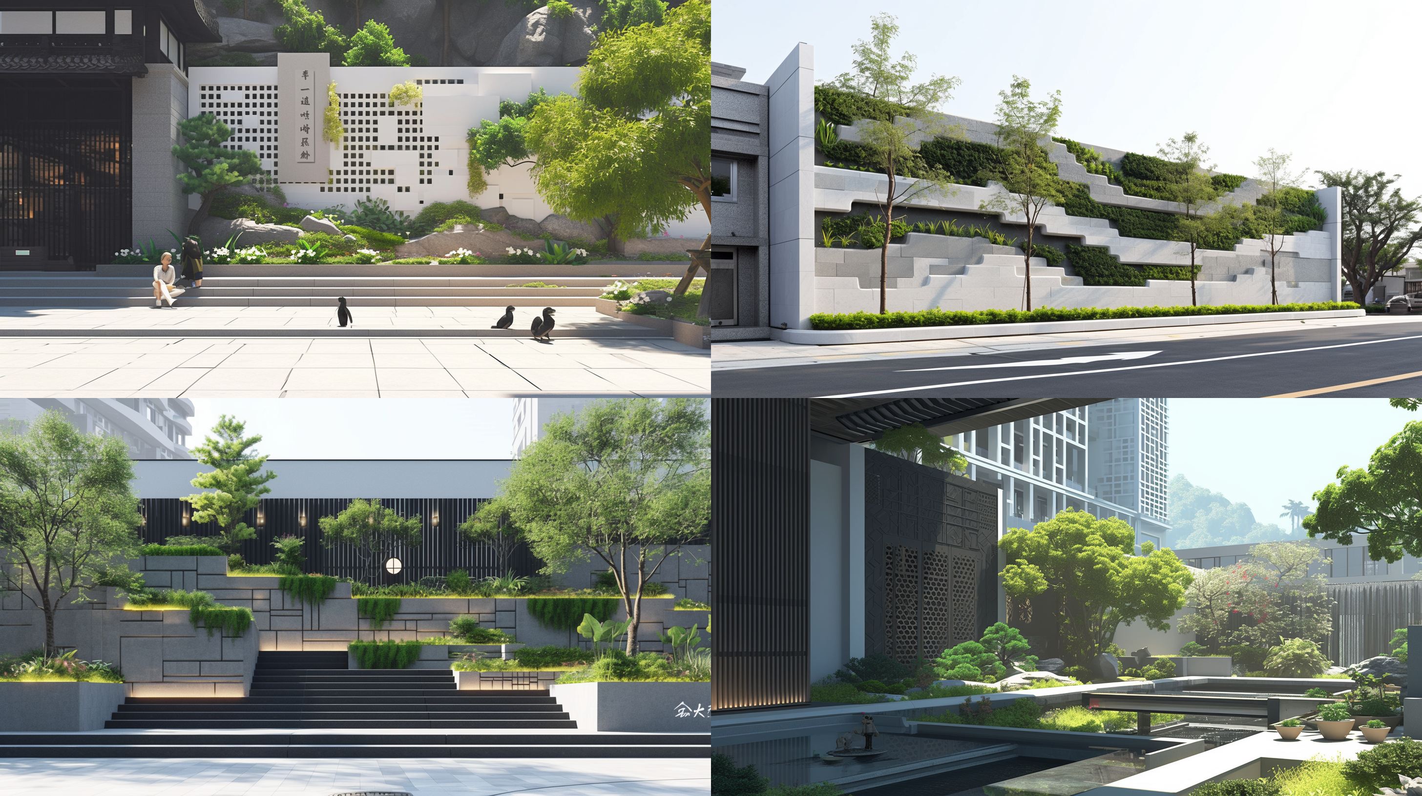 挡土墙浮雕壁画，绿植点缀，蓝灰色调，公园氛围，广角镜头，逆光，细节丰富，立体感强，宁静，自然。