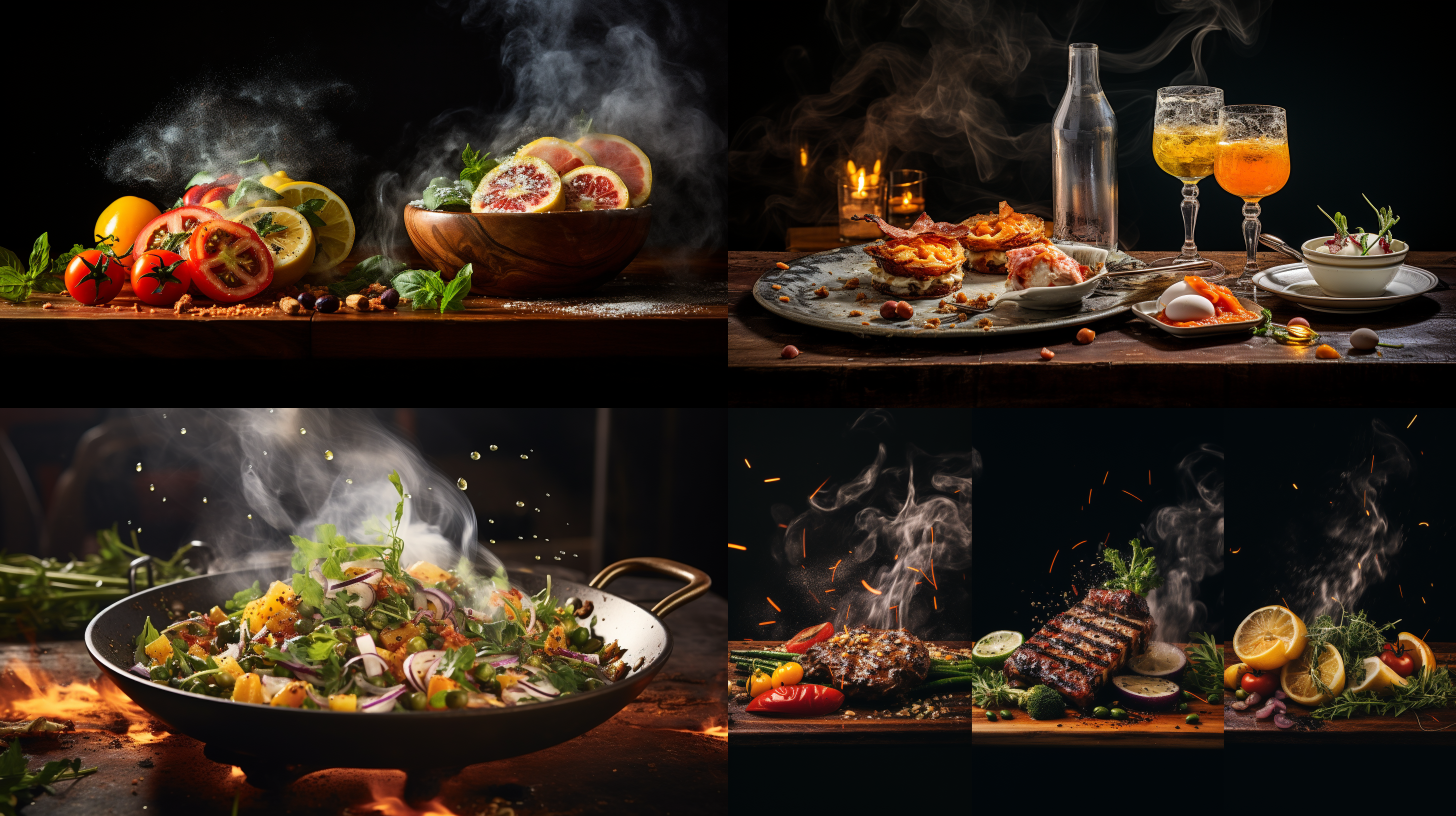 美食摄影，色彩温暖，细节突出，背景简单明快，特写镜头，烹饪场景，明亮光线，烟雾效果，食物表面细节，诱人色彩，饱满质感。