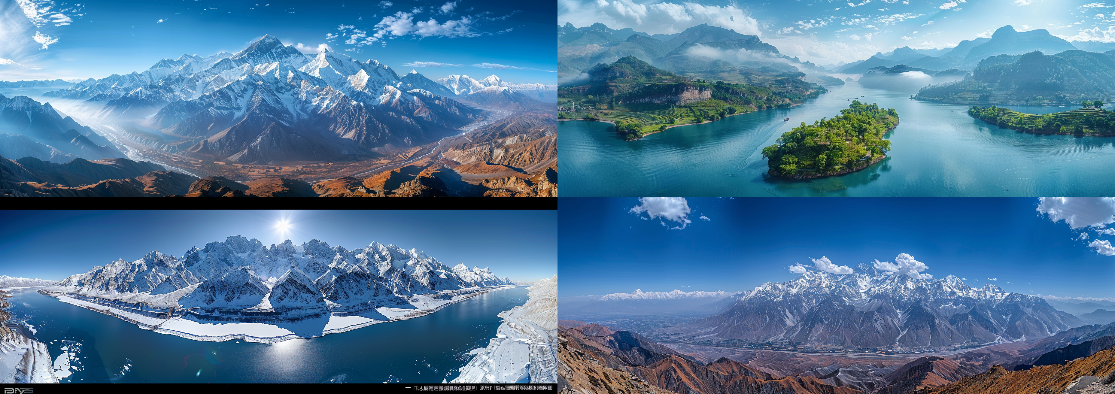 中国与印度交界的喜玛拉雅雪山及周围的雪山群，雄浑壮丽，巍峨的雪山和雪山脚下苍翠的绿色植被和森林，多条从雪峰上融化形成的清澈的小河汇聚成的长江发源地，使用大疆最顶棚的vr 720鸟瞰航拍无人机，以720度的vr全景镜头从1000米的高空进行720度的航拍，以8k超高清的画质，720度宽广的视野，去除画面中的噪点，顶极的720度鸟瞰航拍的画面和超清晰的画质，顶极的艺术美感，