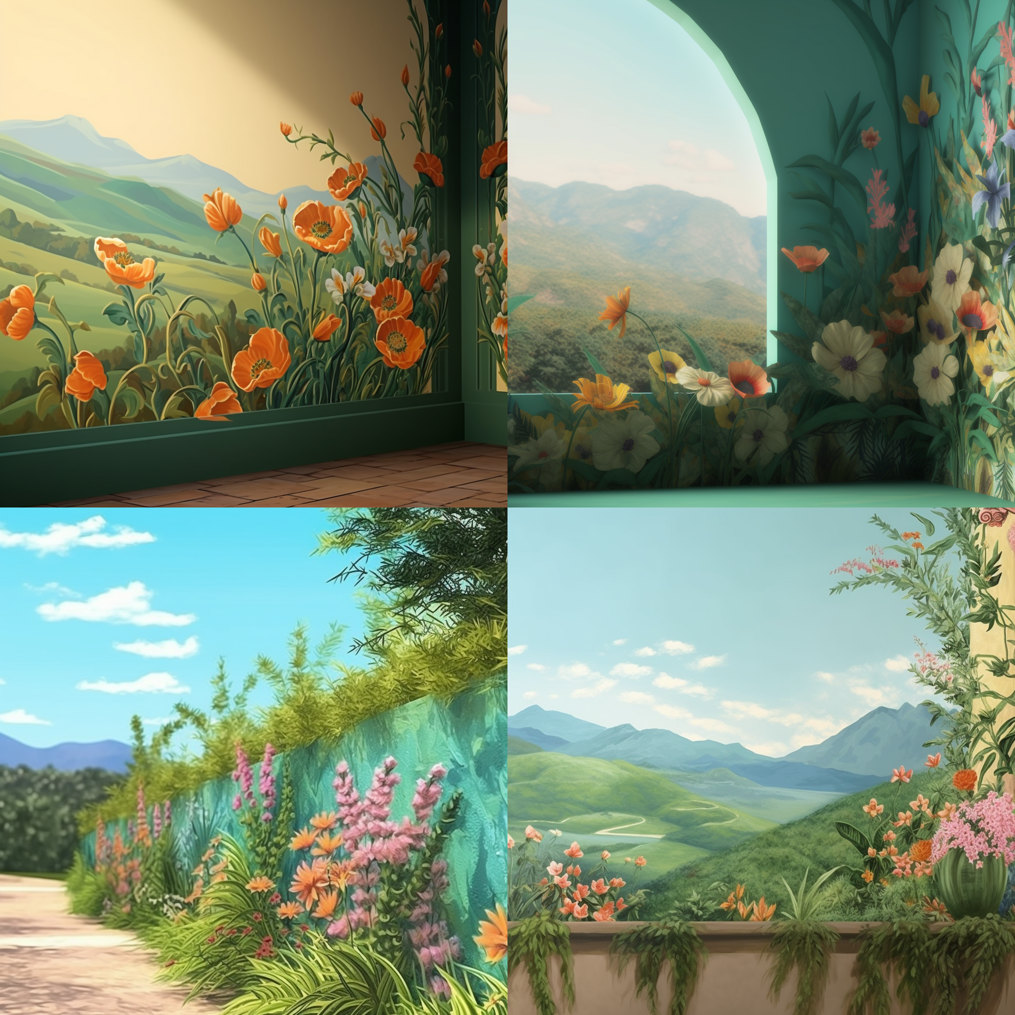 手绘墙，鲜花装饰，青山背景，公路边，色彩丰富，近景，c4d模型，oc渲染，自然光，静态，和谐，明亮。