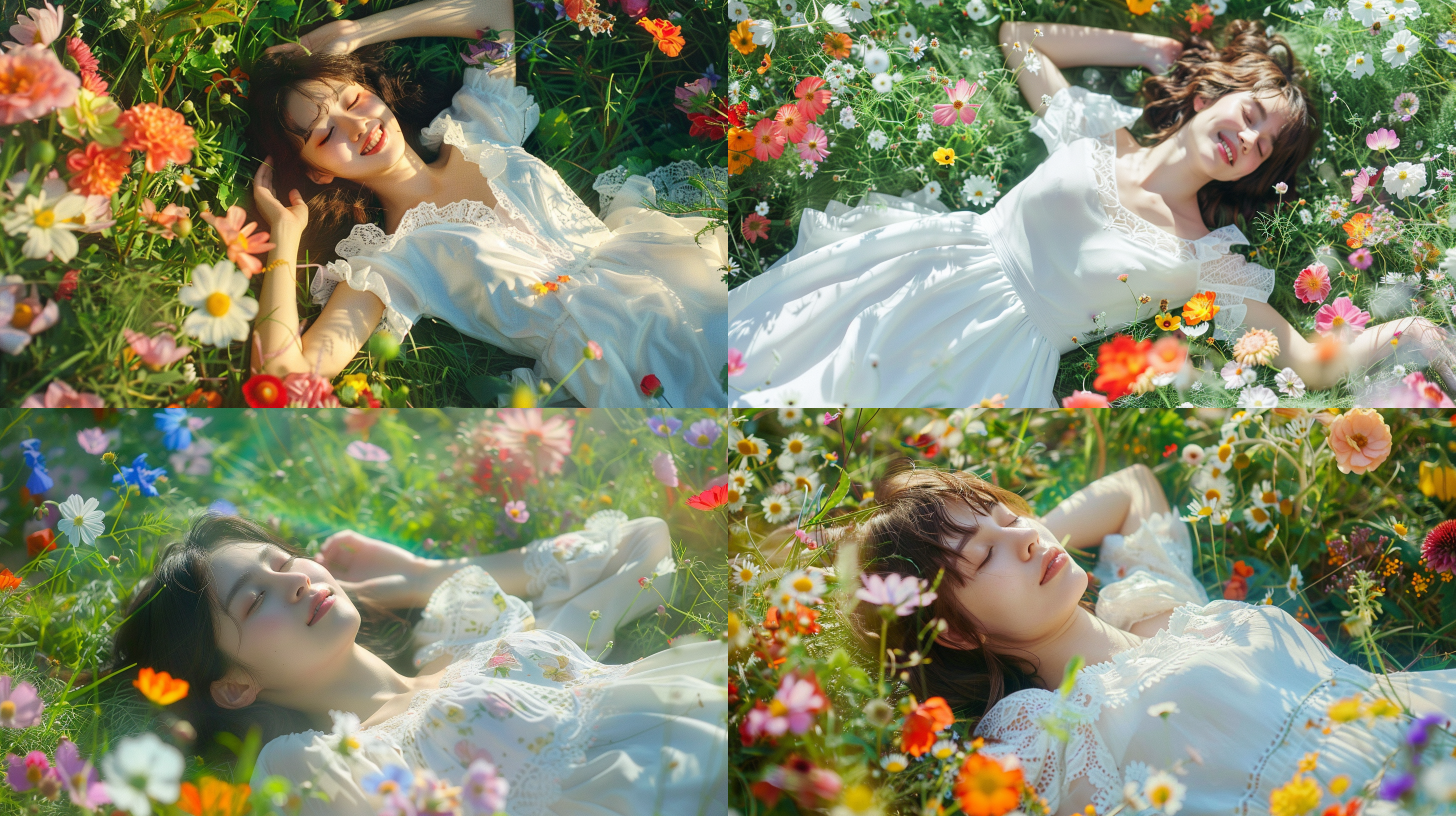 在明亮的阳光下，一个年轻女子穿着清新的白色连衣裙，躺在柔软的绿草地上。她微笑着闭着眼睛，身边开满了五彩缤纷的鲜花。自然光，柔焦，清新，欢乐，放松，自然，春天，花海，温暖。