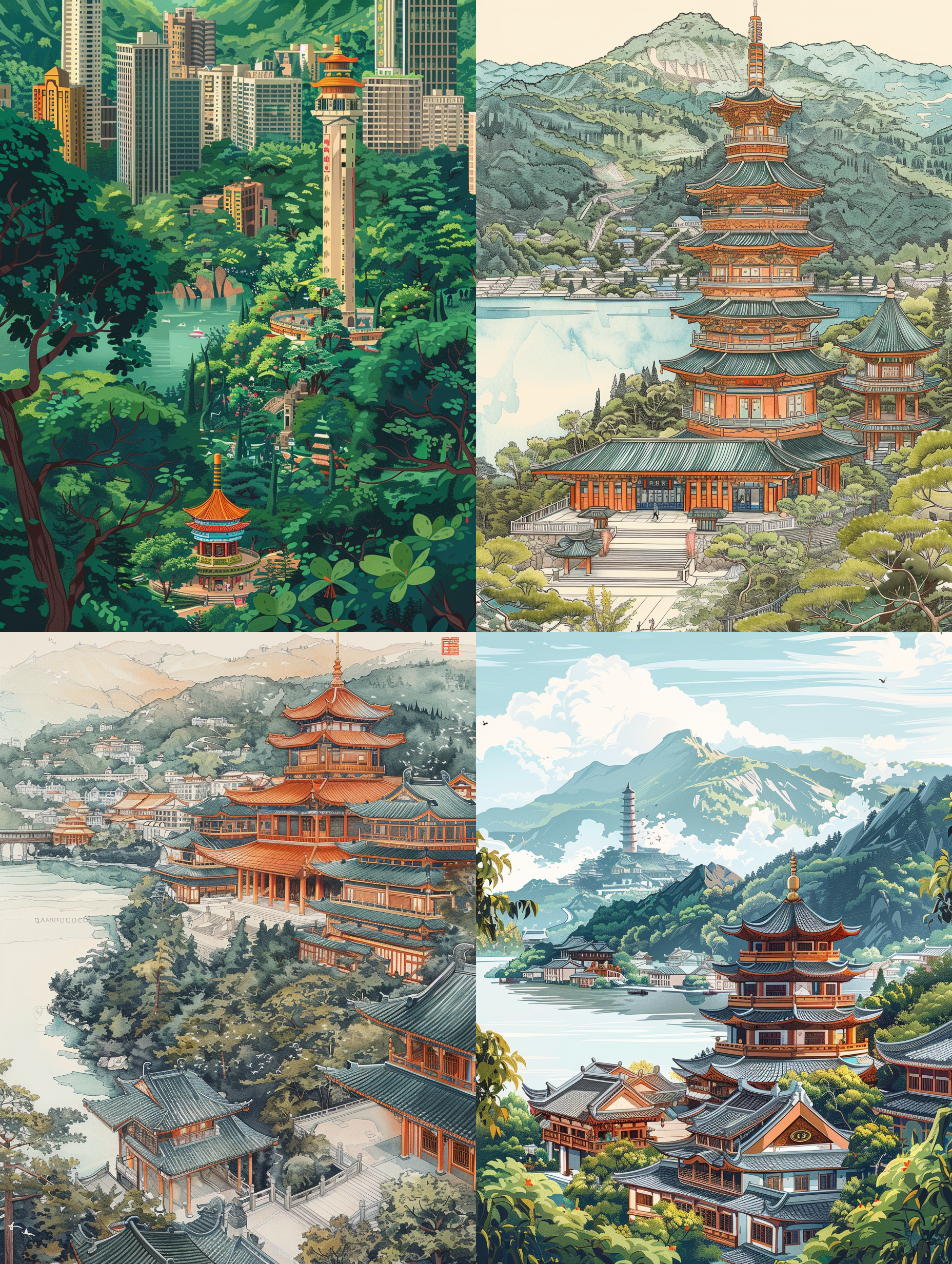 插画呈现济南市志性建筑，构图饱满，明亮的色彩，细节丰富。主角为超然楼，大明湖、背景是千佛山绿树成荫。使用手绘风格，线条流畅，表达出活力和青春。插画采用鸟瞰角度，透视感强，突出建筑特色。美食元素巧妙融入插画