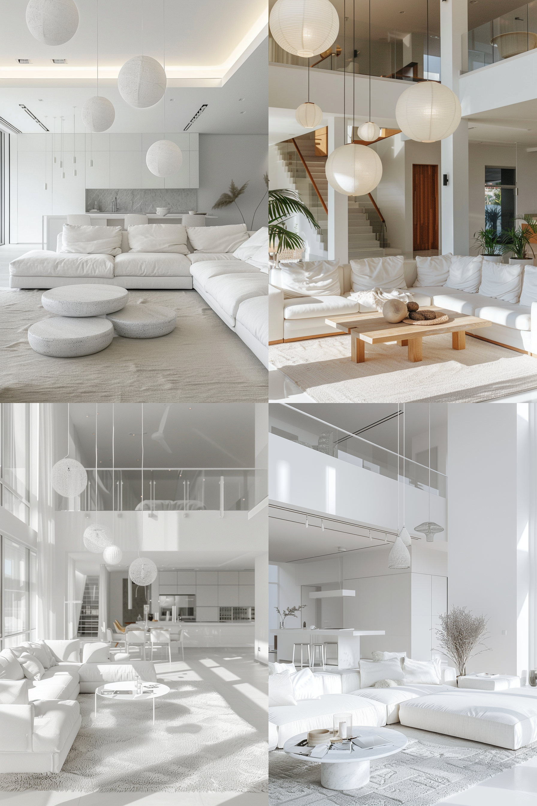 客厅内部，白色风格，现代设计，极简主义风格，复式建筑，吊灯，沙发，地毯，咖啡桌，室内摄影，室内设计，真实感，8k高清，高品质，细节，逼真，摄影，豪华，舒适，明亮。