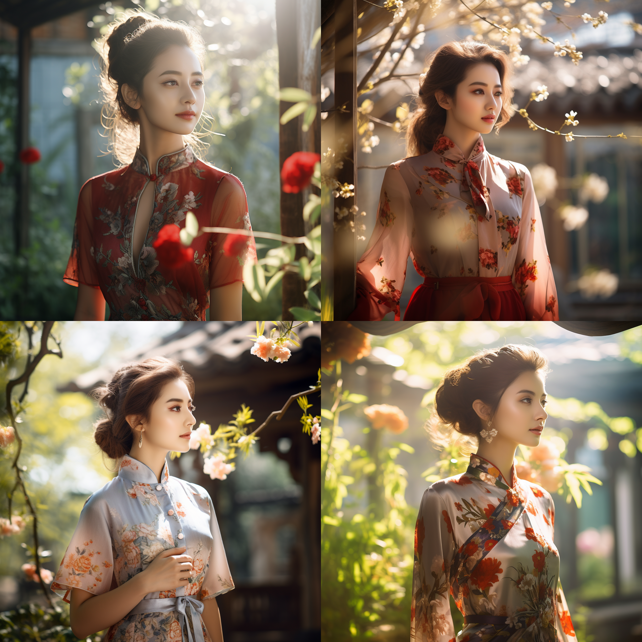 东方少妇在阳光下微笑，穿着华丽的旗袍，站在花园中，风景优美，色彩明亮，柔焦镜头，自然光，优雅动作，花朵装饰，温暖情感。
