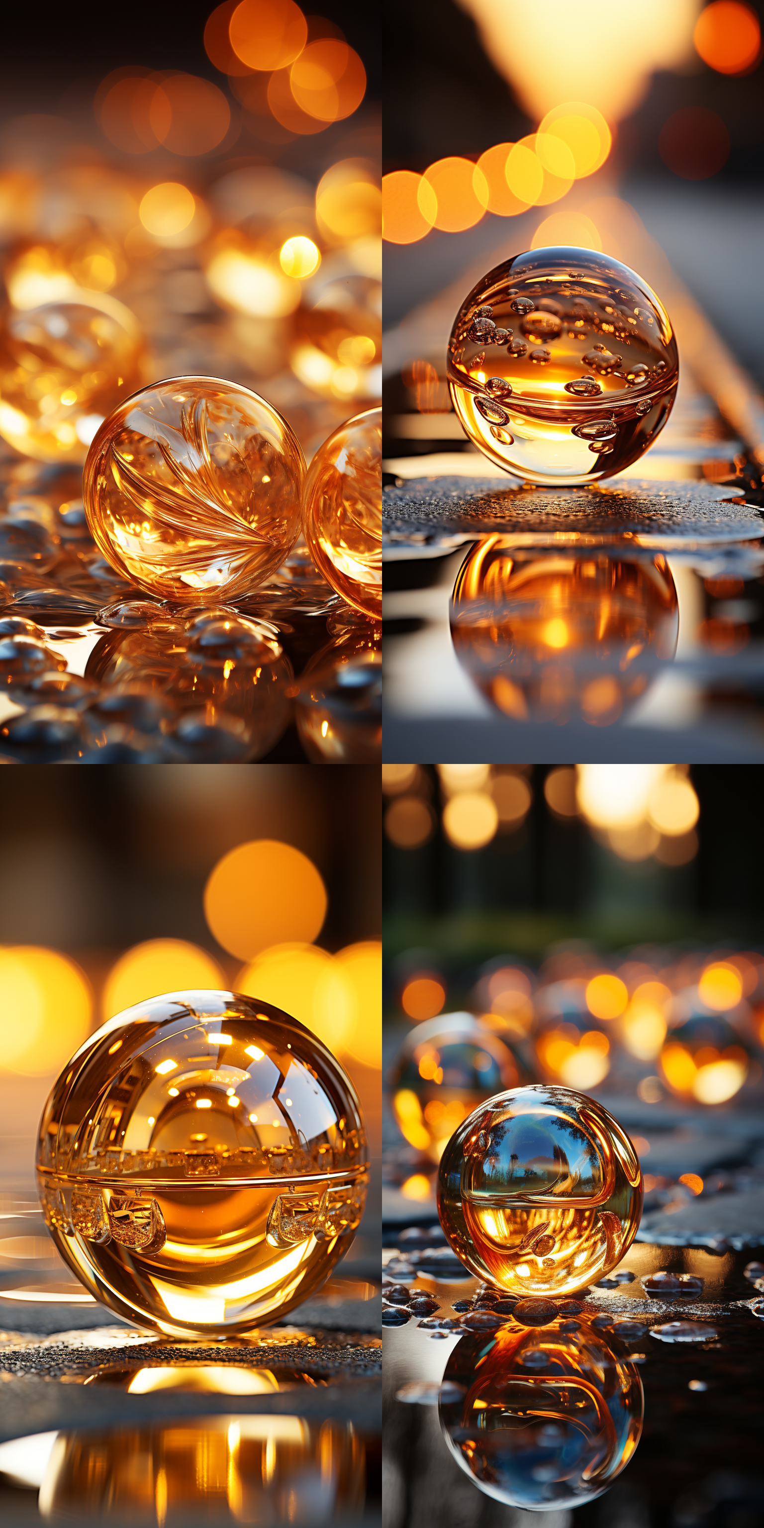 金色玻璃球，对角线布局，微距摄影，细节清晰，金色光影，高饱和度，光斑效果，静态，华丽。