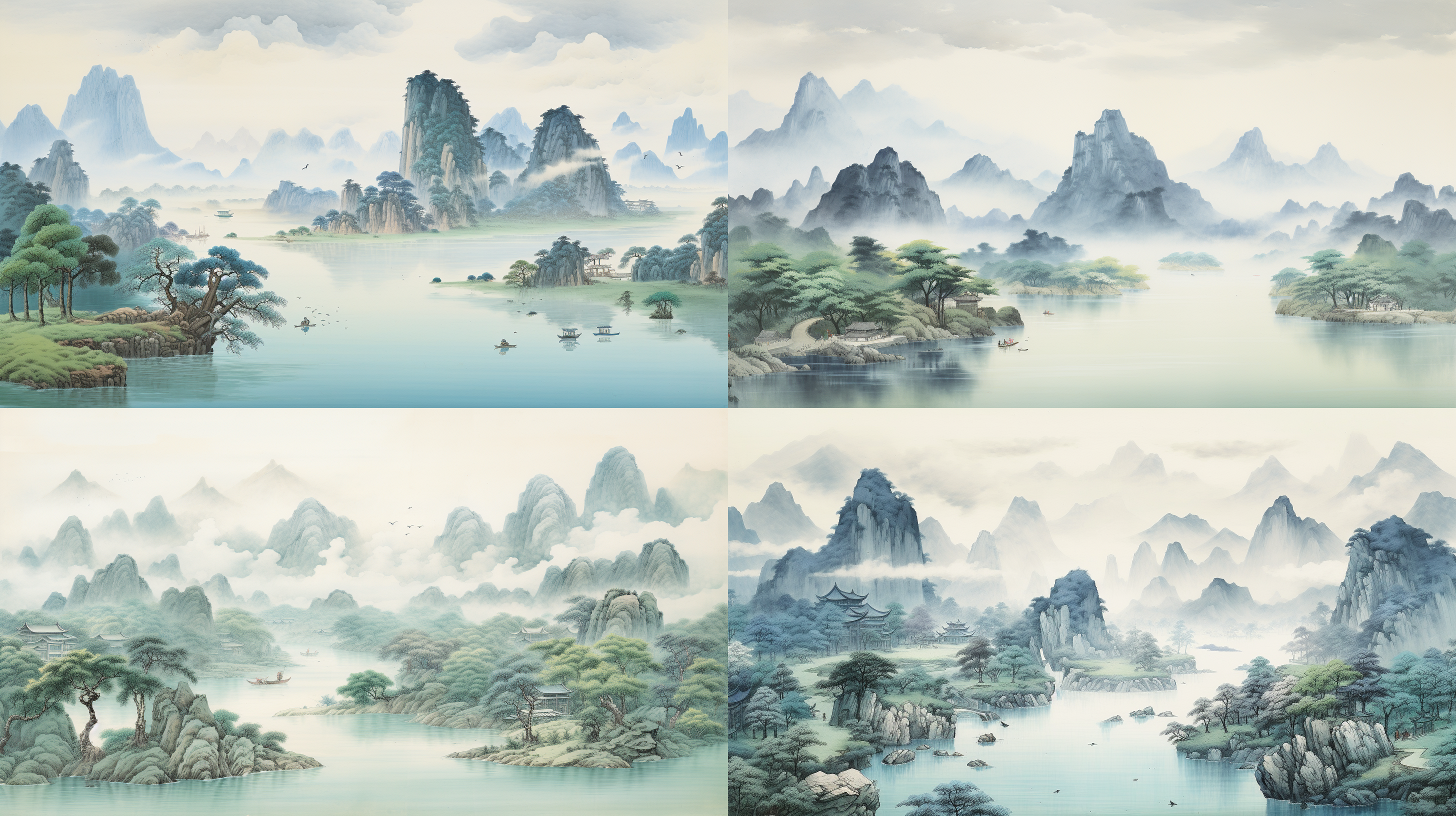 整幅画卷统一以蓝绿色调为主，展现了壮丽古老的景象，高大挺拔的山峦、参天古树、小巧的马匹和微缩人物比例感十足，再现了宣纸质感和隋代画家张僧瑛的风格。水墨风景画，蓝绿色调，高山流水，宽广布局，细节丰富，浓淡相宜。