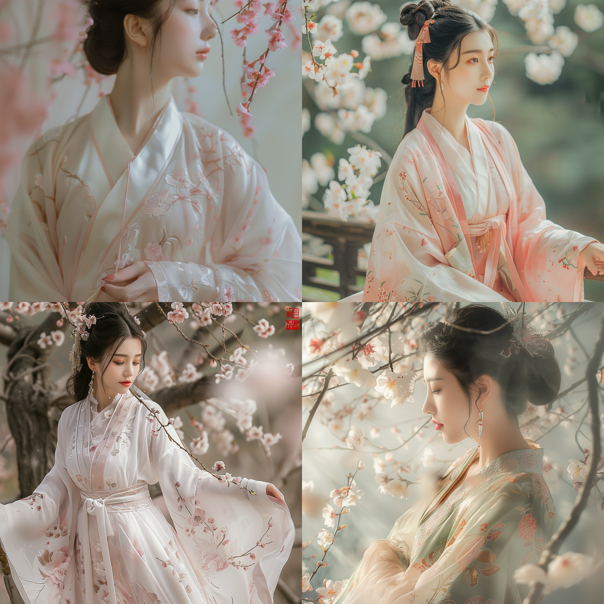 传统汉服女子，柔和侧光，85mm镜头，半身构图，自然光，2400万像素，彩绘色彩饱和度，精致细节优化，古典美，温婉气质，桃花彩绘，东方传统美。