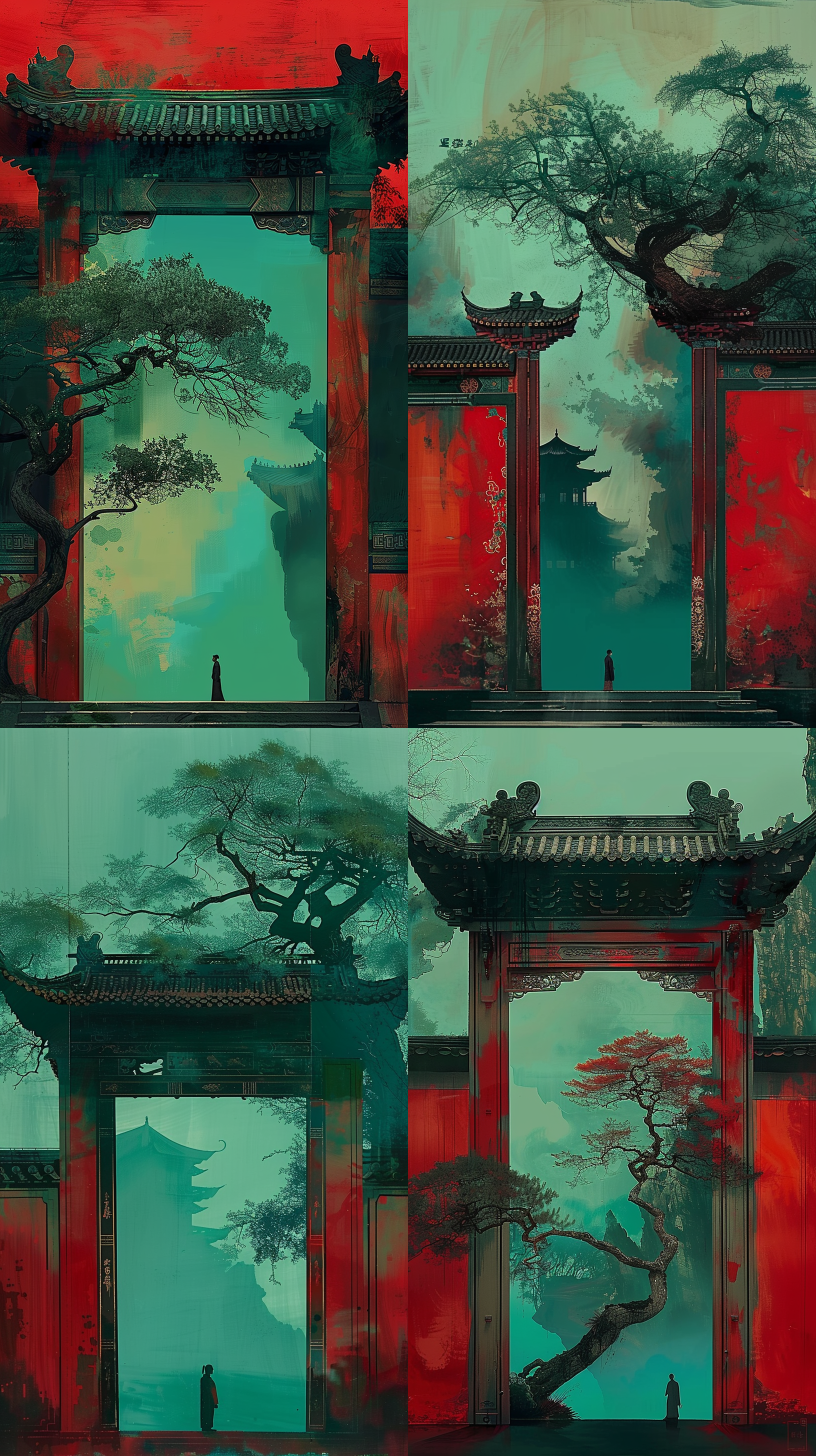 a poster of traditional chinese art, a person standing on the open land, in front of chinese architecture, a tree, silk green background, a department, layered illusion, modernist art. classical balance, chinese contemporary, large format