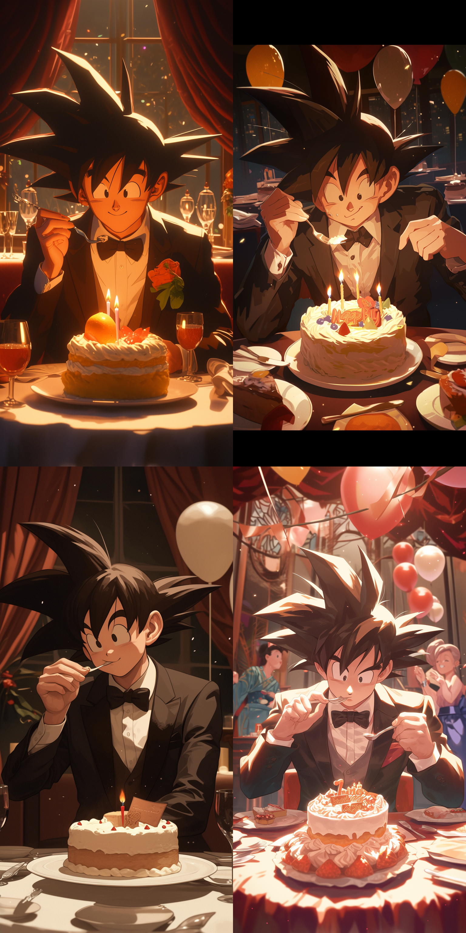 悟空穿着礼服在吹灭生日蛋糕的蜡烛，在餐厅里，七龙珠动画，夜晚，烛光，宫崎骏的画风，卡通渲染，高画质，细节优化