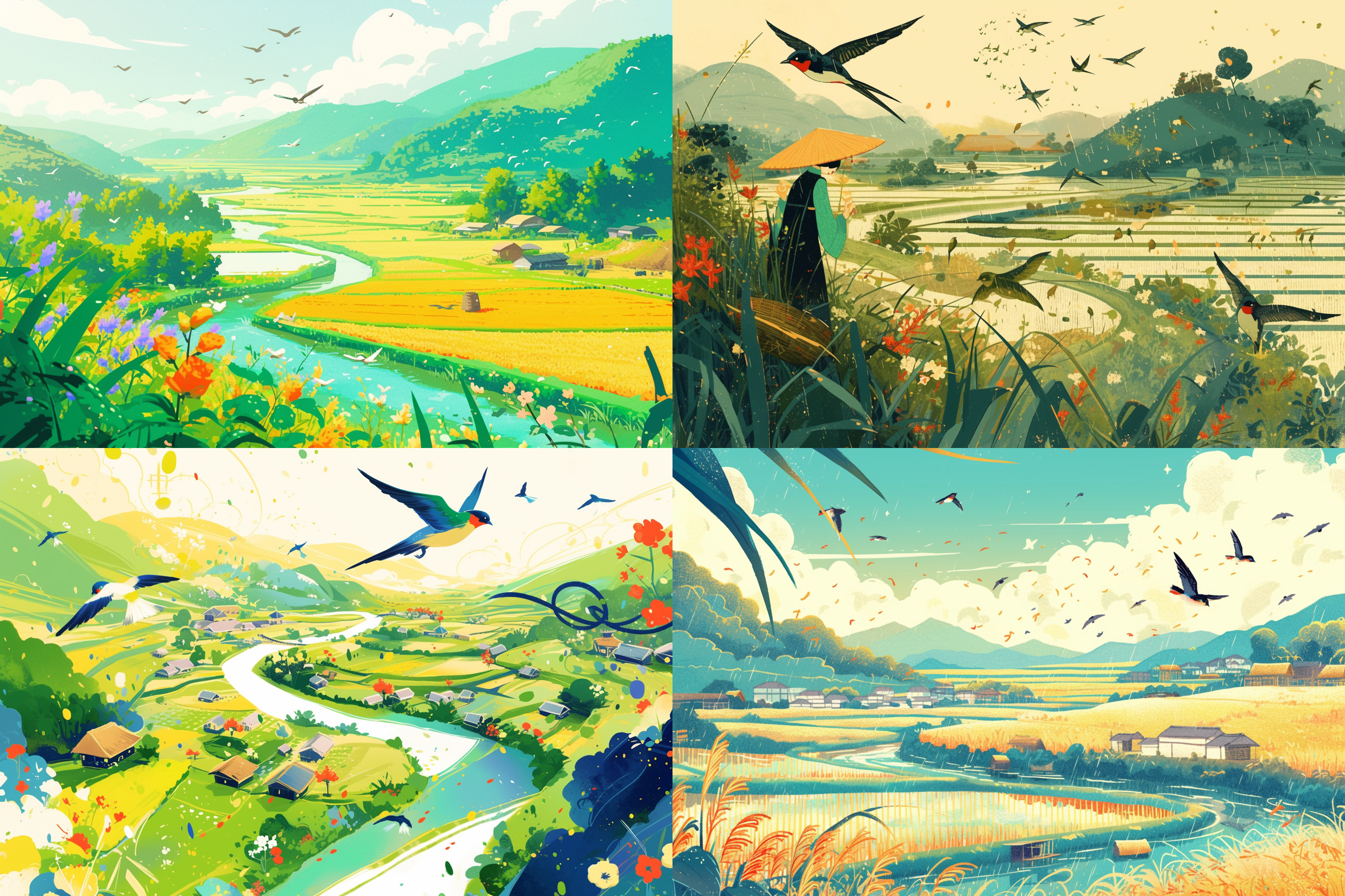 qingming festival chinese countryside, plants and flowers, swallows, wicker, rice field, light rain, river, bright, spring green, bright background, blank at the top of the frame, flat illustration, victo ngai style