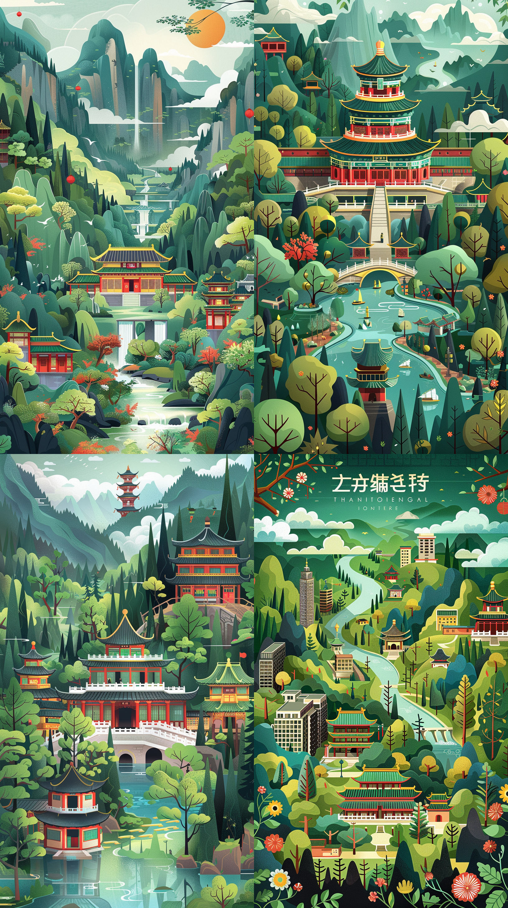 北京地图信息图表，绿色背景，扁平插图，景点标注，细节建筑、山脉、森林、云彩，高分辨率，清晰色彩，河流交错，文化遗产。