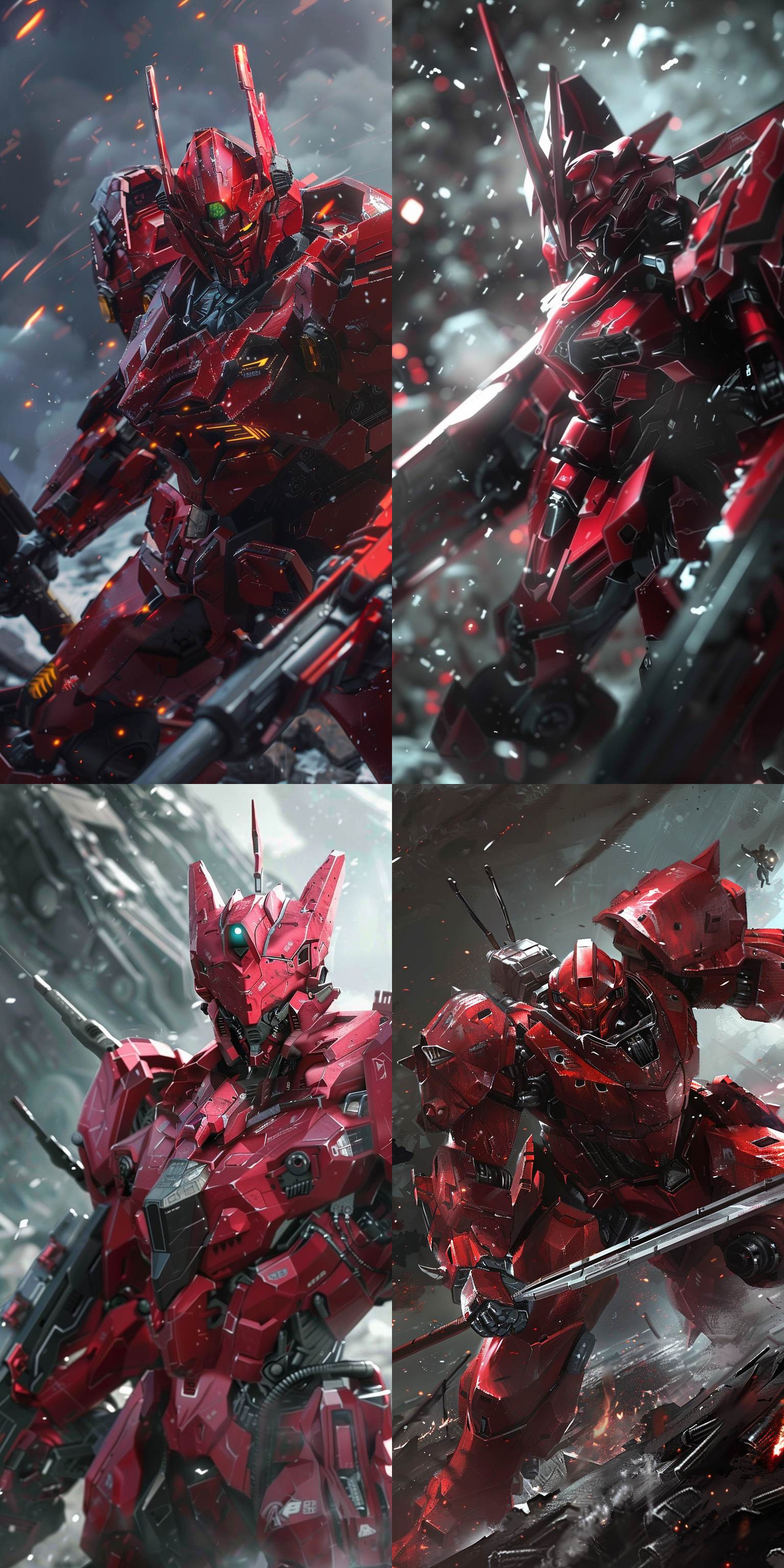 来自未来的复杂的红色机甲战士，枪支，特写镜头，战斗，金属质感，暗黑色调，透视构图，锐利对焦，动作凝固，光影交错，紧张刺激。