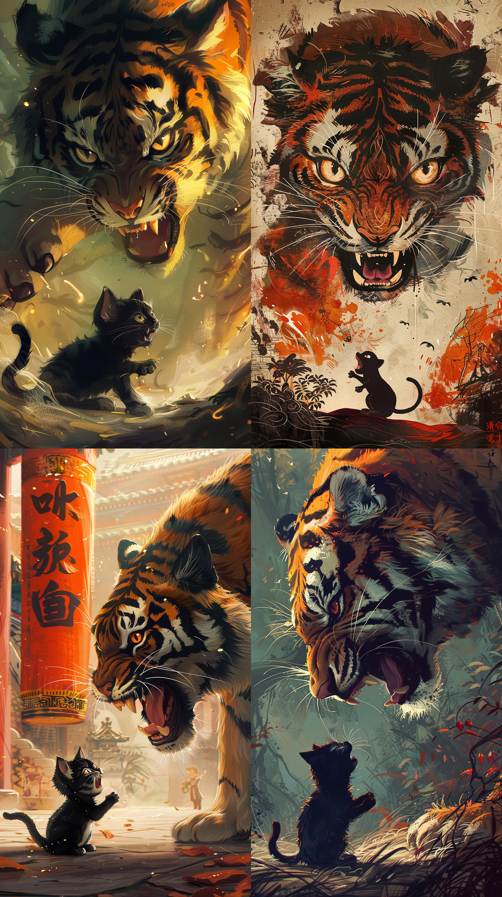 一只小黑猫对着大老虎咆哮，唐朝元素，水墨画风格，高对比度，细节丰富，电影级灯光，夸张表情，可爱胖乎乎，暖色调，毛茸茸的，动作紧张，传统色彩，中国元素。