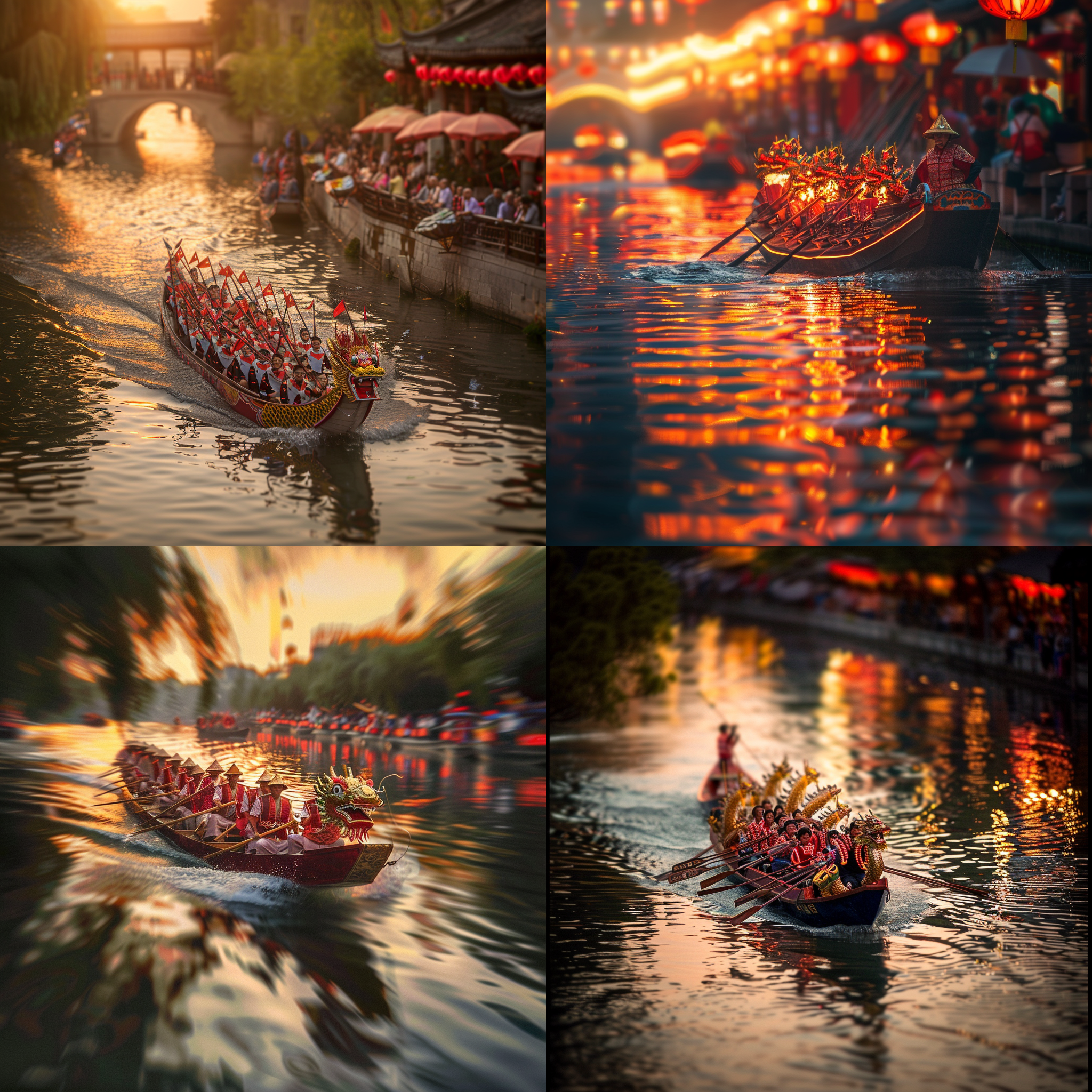 龙舟行驶在运河上，远景视角，水面倒影，传统服饰，热烈气氛，夕阳余晖，长焦镜头，运动模糊，欢呼声，红色主调，喜悦。