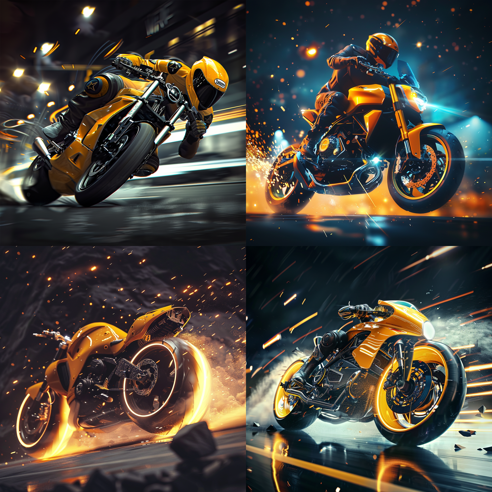 摩托车特技表演，黄色汽车，横版构图，深色背景，超高分辨率，游戏cg风格，翻滚，真实细节，高饱和度，霓虹色调，动作，激烈。