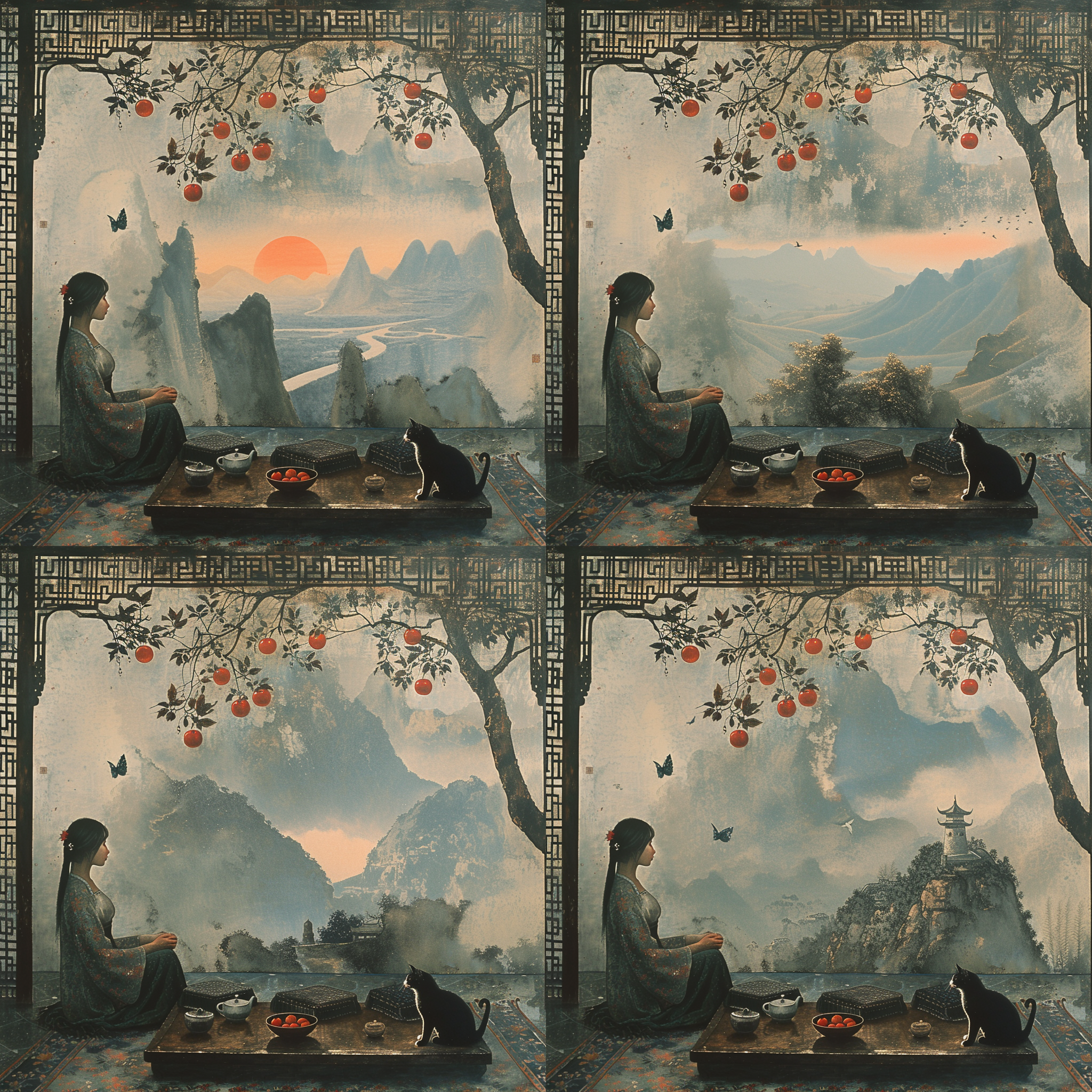 石榴树,红色花朵,茶室内景,矮茶几,蒲团,开放式设计,天空,树木,中年女性,香云纱旗袍,两只猫咪,水墨画风格,暗调,柔和光线,静谧,优雅。