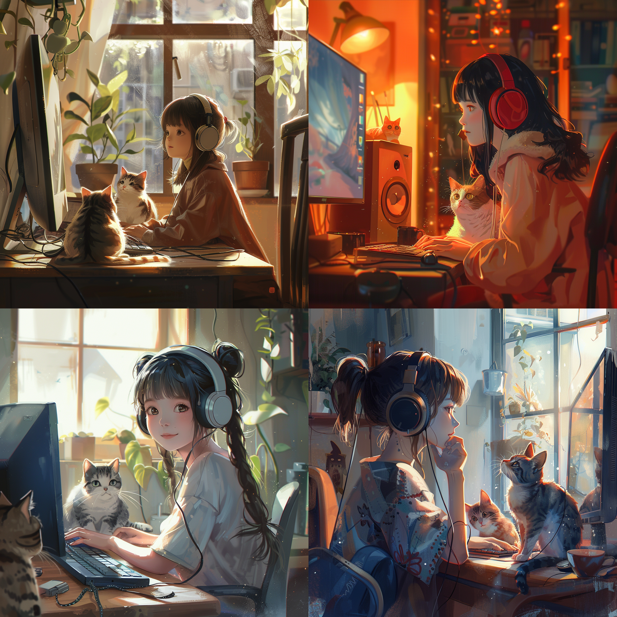可爱小姑娘戴耳机坐电脑前，桌上两招财猫，精致面容，超高清画面，日本动漫风格，高分辨率，8k, 人像摄影, 室内环境, 静态, 轻松, 温暖色调, 低饱和度, 软光, 精细元素, 柔和肤色, 快乐。