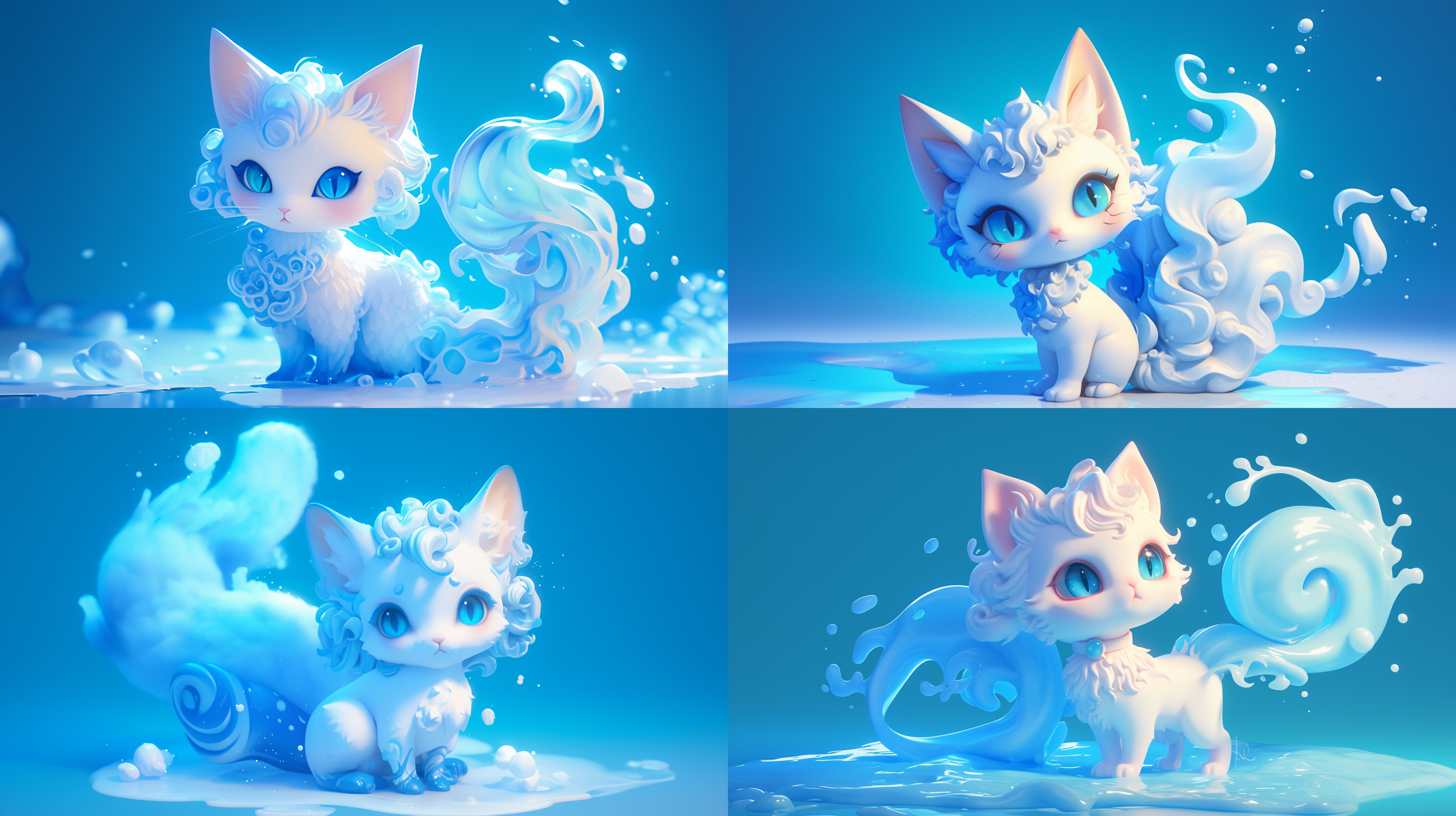 q-version handmade model, a cat, cute and cute with curly hair, white to medium translucent light blue, full body photo, without any specific background. q-version style, miniature model, static posture, bright lighting, rich details, vivid colors, transparent materials, 3d animation art, clean background color palette matte blue yellow full body facing oc renderer