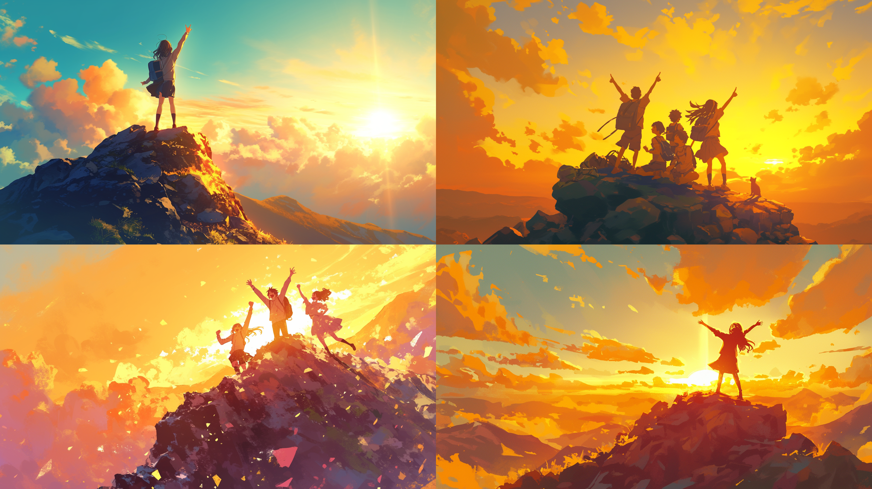 站在山顶，夕阳背景，欢呼，笑容灿烂，自然光，长焦镜头，金色调，动作，欢乐，自由