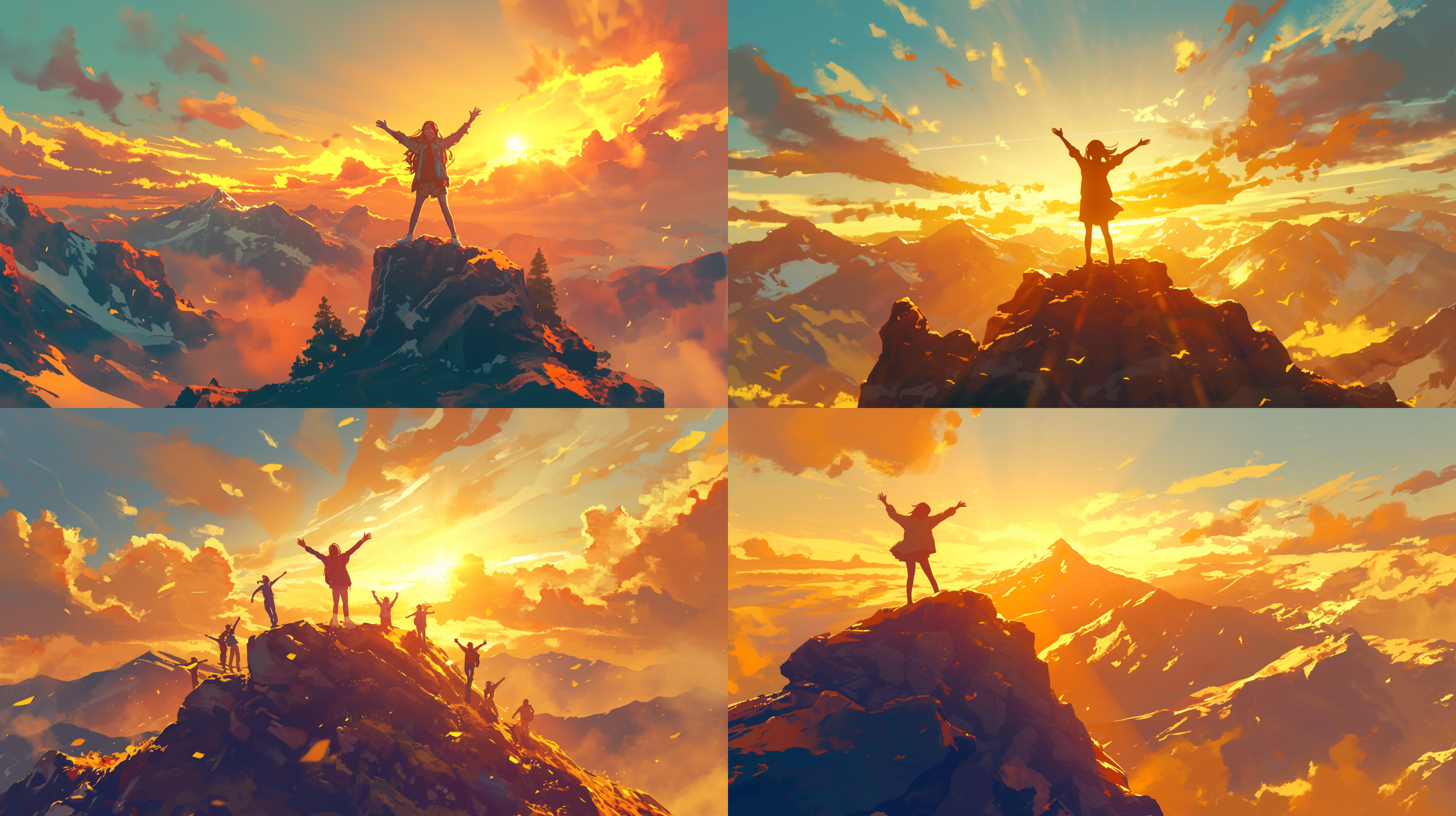 站在山顶，夕阳背景，欢呼，笑容灿烂，自然光，长焦镜头，金色调，动作，欢乐，自由