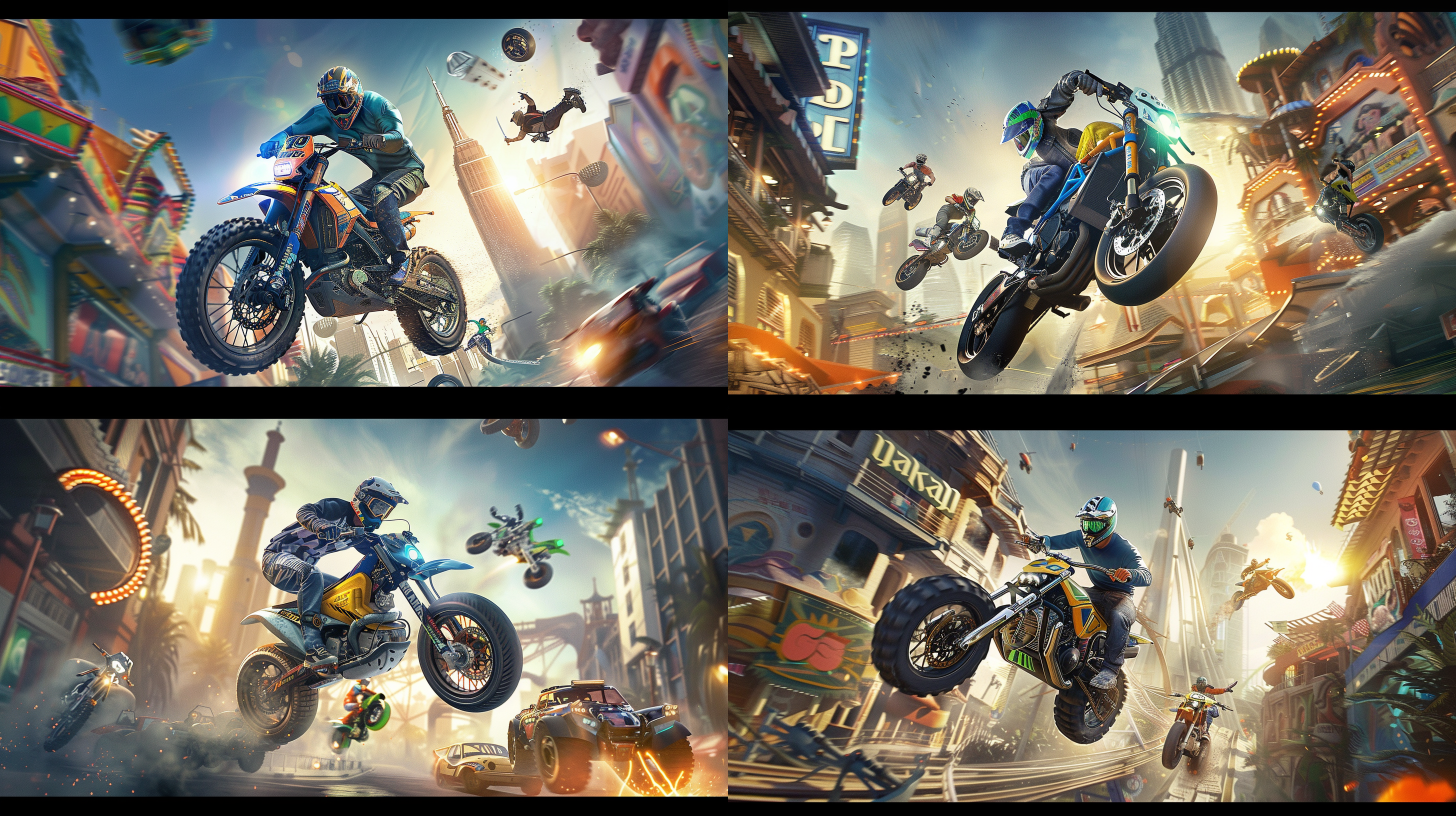 特技表演，汽车，黄色摩托车，分开两边，横版构图，16:9，深色背景，超高分辨率，游戏cg风格，车辆翘头，真实细节，高饱和度，霓虹色调，动作，激烈。 游乐场 充满阳光