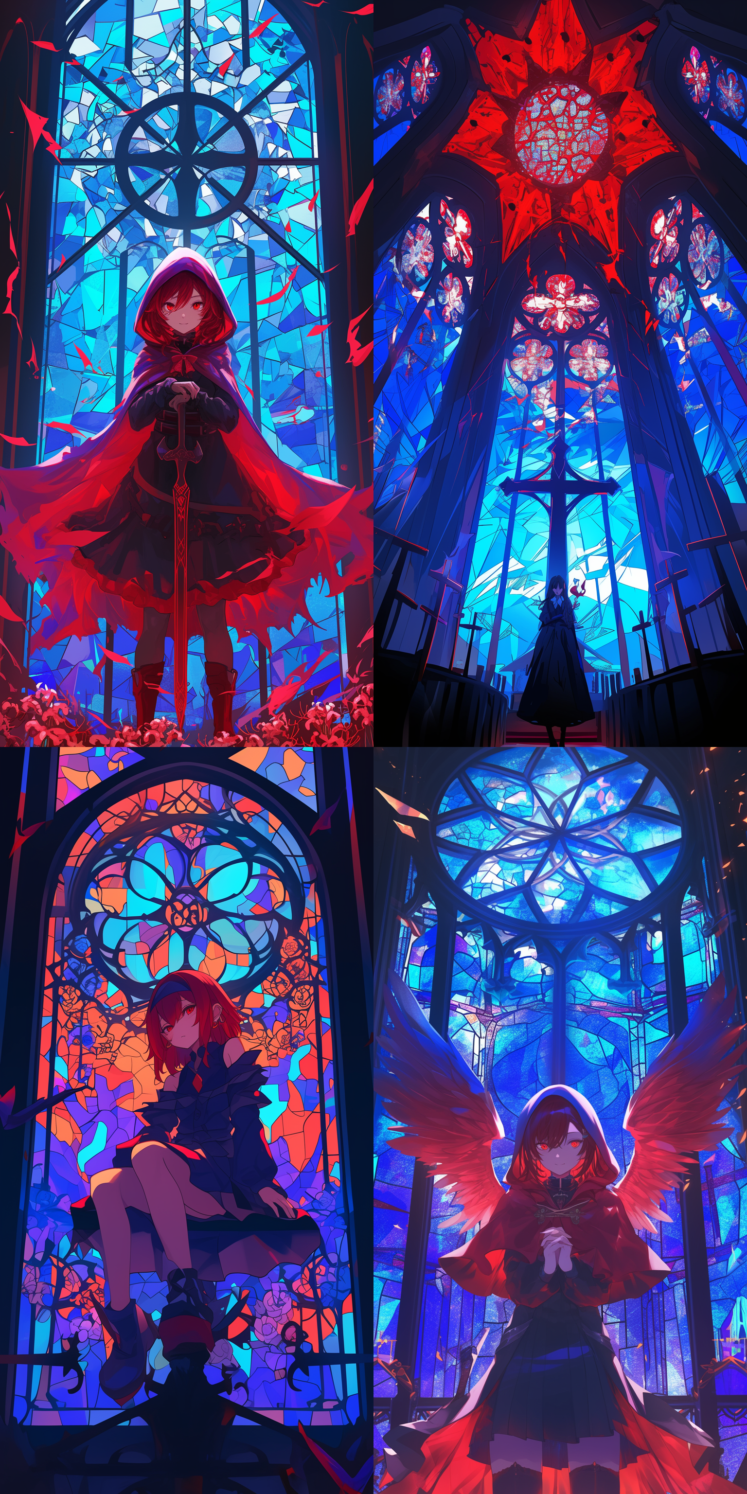 rubyrose，红色瞳孔，蓝色教堂彩绘玻璃背景，色彩对比，4k