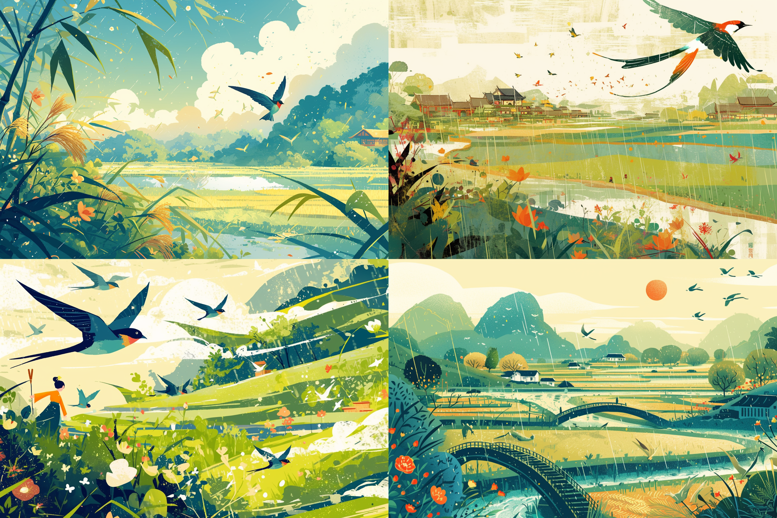 qingming festival chinese countryside, plants and flowers, swallows, wicker, rice field, light rain, river, bright, spring green, bright background, blank at the top of the frame, flat illustration, victo ngai style