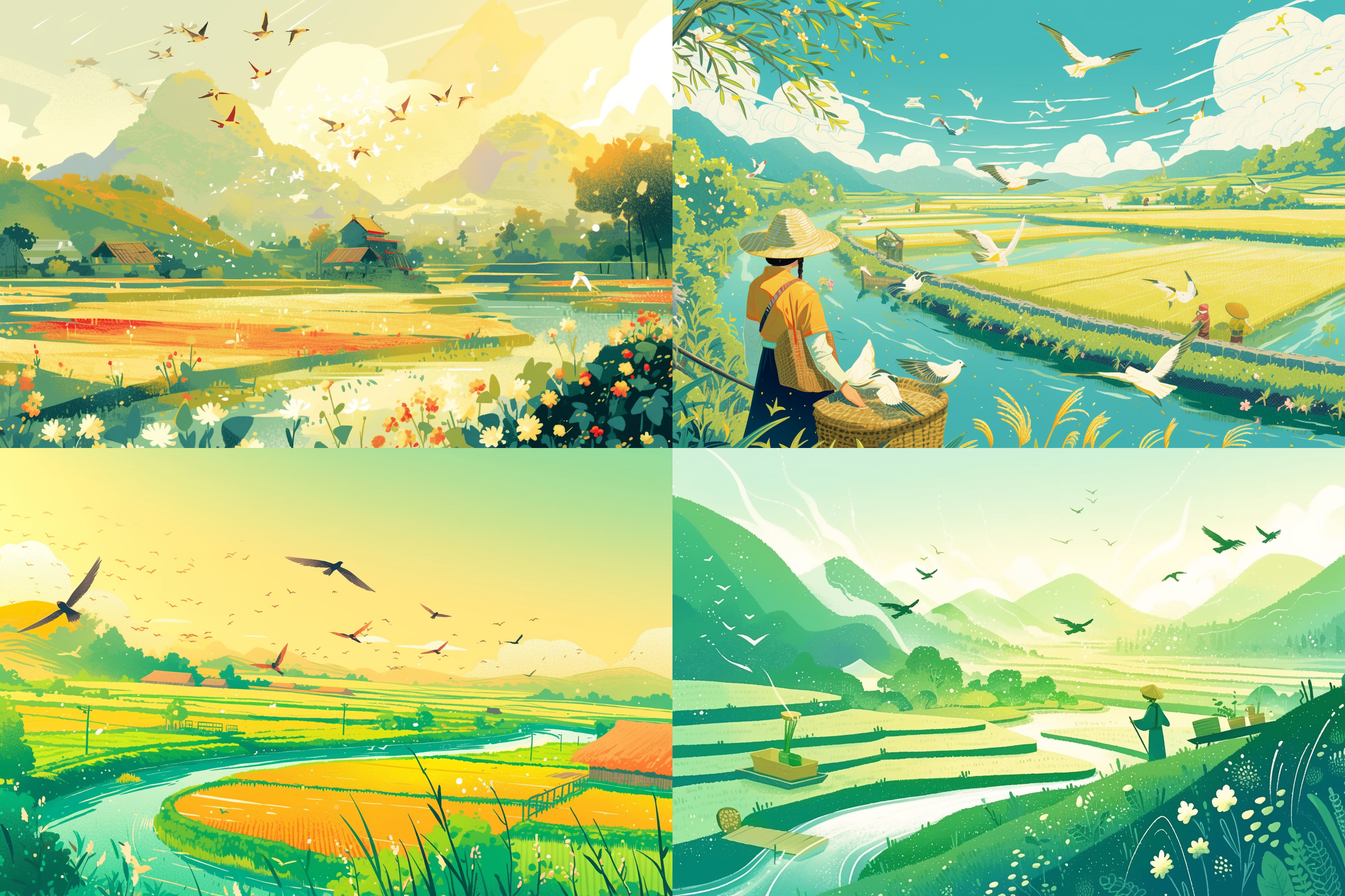 qingming festival chinese countryside, plants and flowers, swallows, wicker, rice field, light rain, river, bright, spring green, bright background, blank at the top of the frame, flat illustration, victo ngai style
