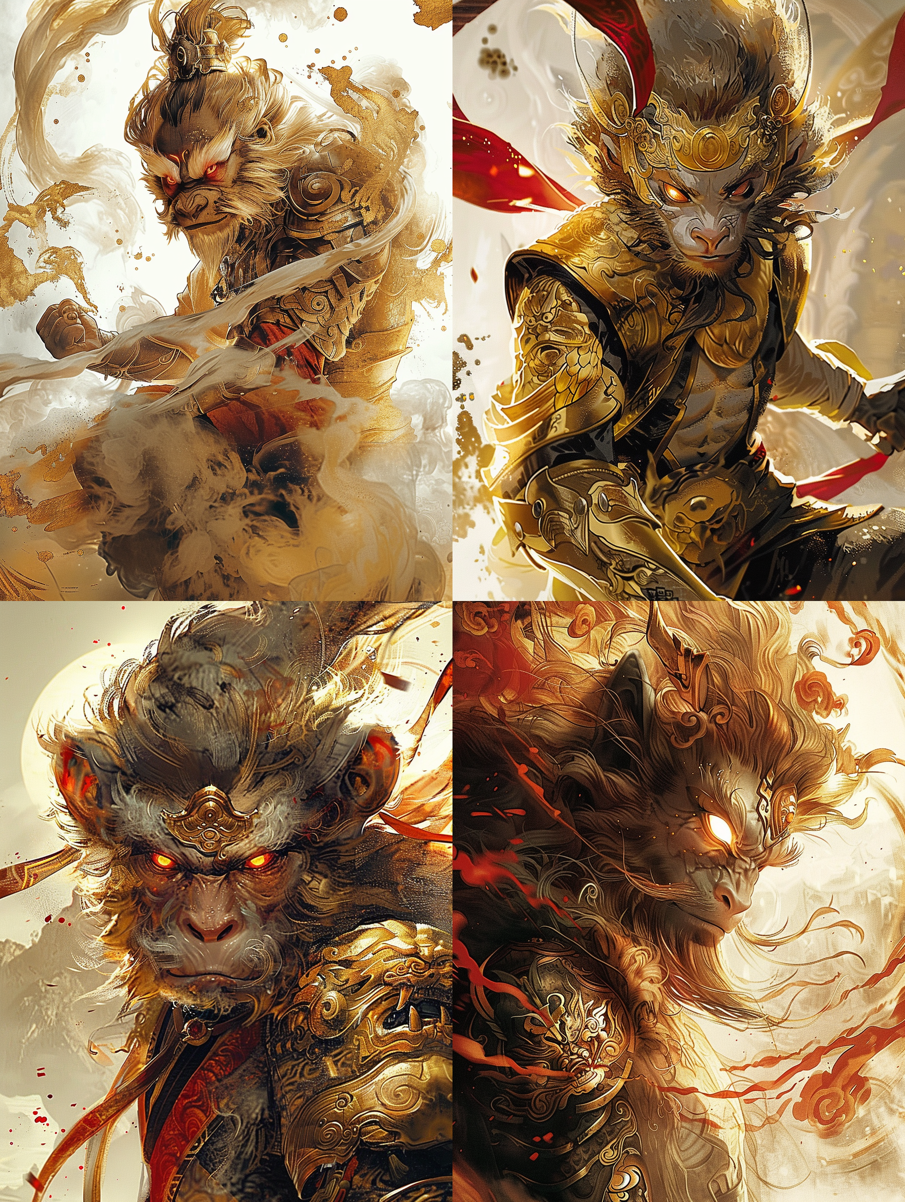 孙悟空金色盔甲，眼睛火光，天宫背景，水墨环绕，动态摄影，andy fairhurst，详细人物插图，暗黑风格，fantasy-niji 5-ar 3:4，广角镜头，侧光，高对比度，戏剧性。