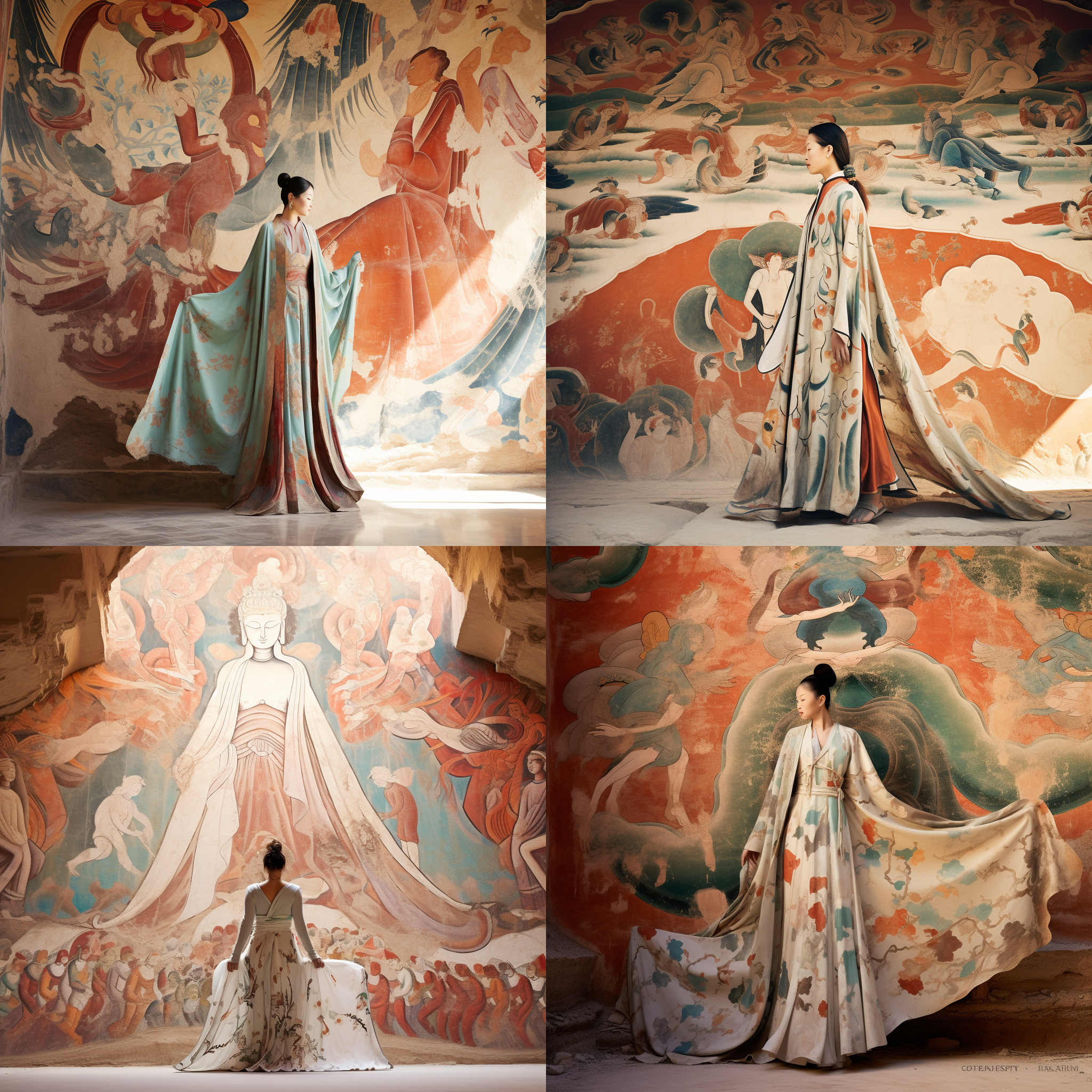 一个仙女站在莫高窟的石板上，身着华丽长裙，微笑着。古老壁画作为背景，展现出神秘和神奇的氛围。壁画色彩斑斓，环境充满历史韵味。仙女，壁画，莫高窟，华丽长裙，微笑，古老，神秘，神奇，色彩斑斓。