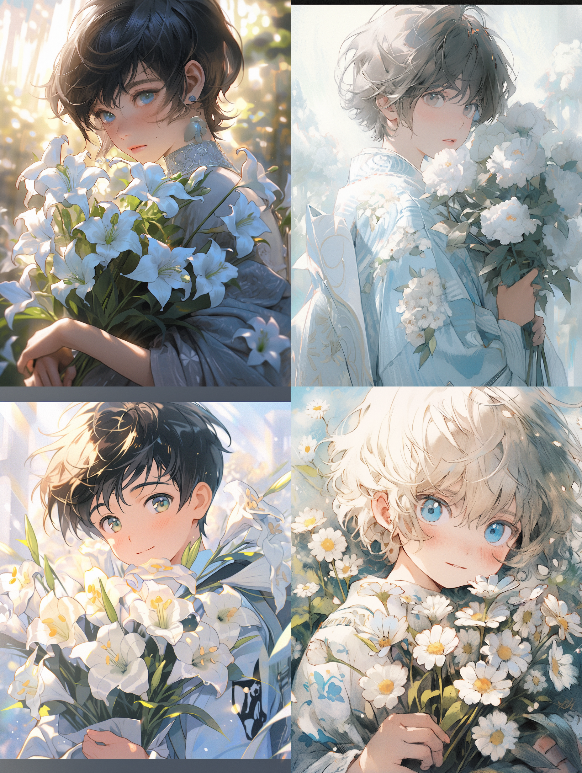 手捧鲜花的少年，青春洋溢，羞涩笑脸，阳光肤色，室外光线，白色背景，简洁构图，高质量画质，精致细节，人像摄影，婚纱照，自然姿态，活泼明快，清新色调。