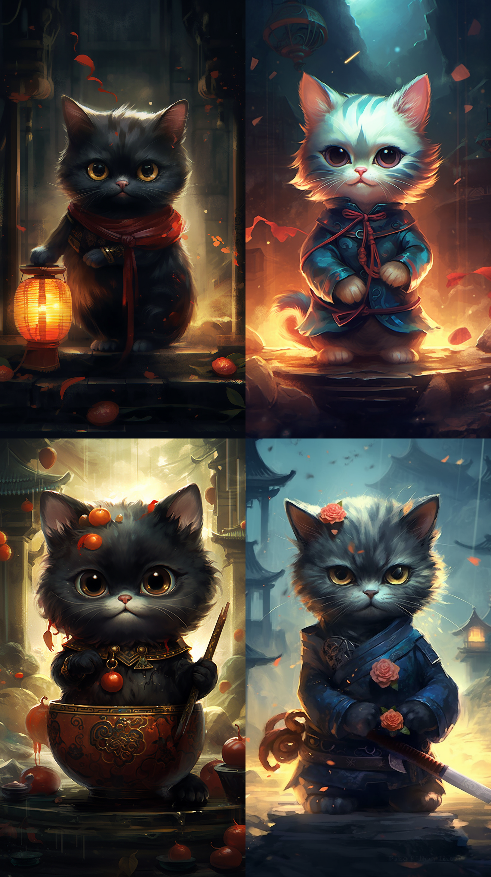 中国传统元素中国古代唐朝，一只可爱的小黑猫对着一只大老虎咆哮，夸张的表情，色彩斑斓的水墨画，细腻的笔触，丰富的细节，高质量的电影级别的灯光，可爱的，胖乎乎的，赤比，毛茸茸的，我不敢相信它有多可爱