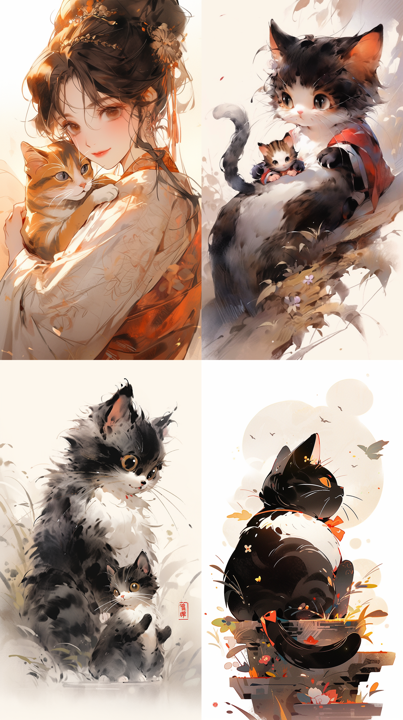 中国传统元素中国古代唐朝，一只可爱的小黑猫对着一只大老虎咆哮，夸张的表情，色彩斑斓的水墨画，细腻的笔触，丰富的细节，高质量的电影级别的灯光，可爱的，胖乎乎的，赤比，毛茸茸的，白色背景，8k