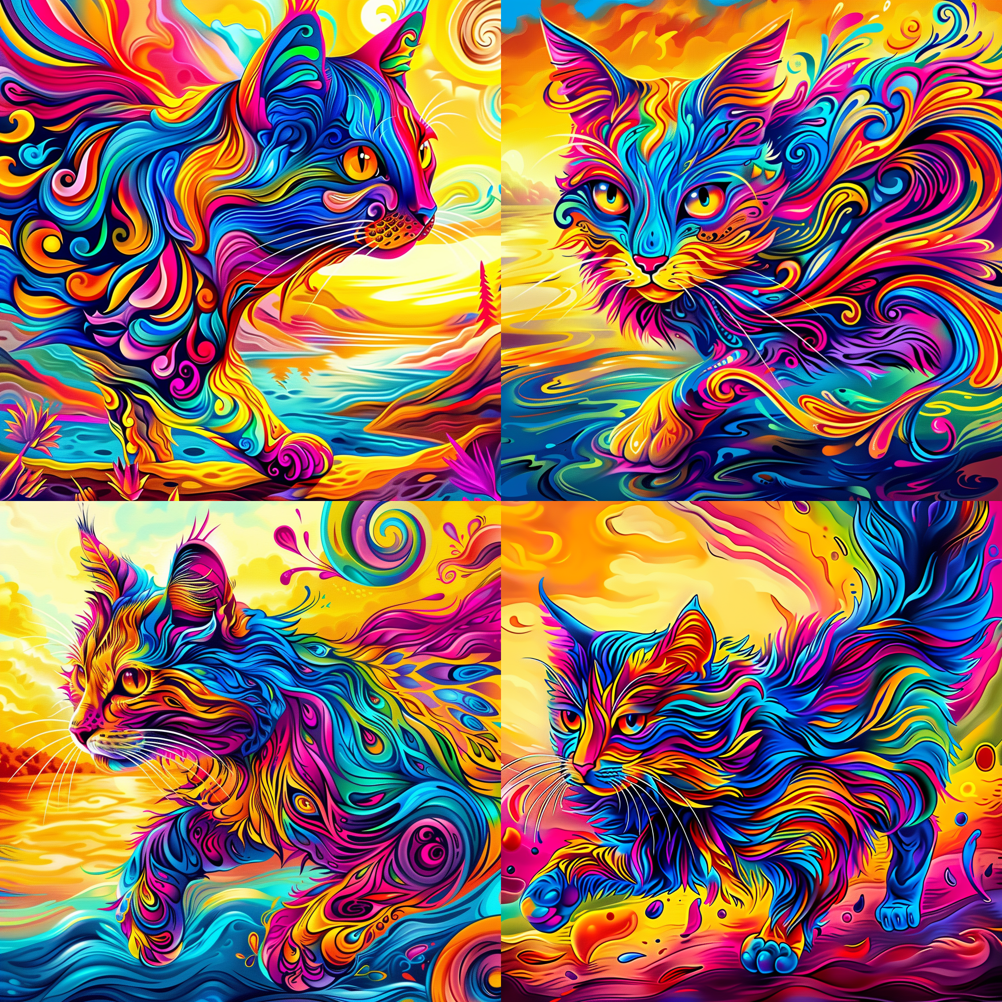 五颜六色的猫在日落时分跳跃在梦幻般的彩虹上，背景是宁静的湖泊和绚丽的晚霞，猫咪毛色各异，眼神明亮。彩虹反射在湖面上，构成一幅奇幻画面。彩虹，湖泊，晚霞，跳跃，明亮色彩，绚丽，梦幻，动态。