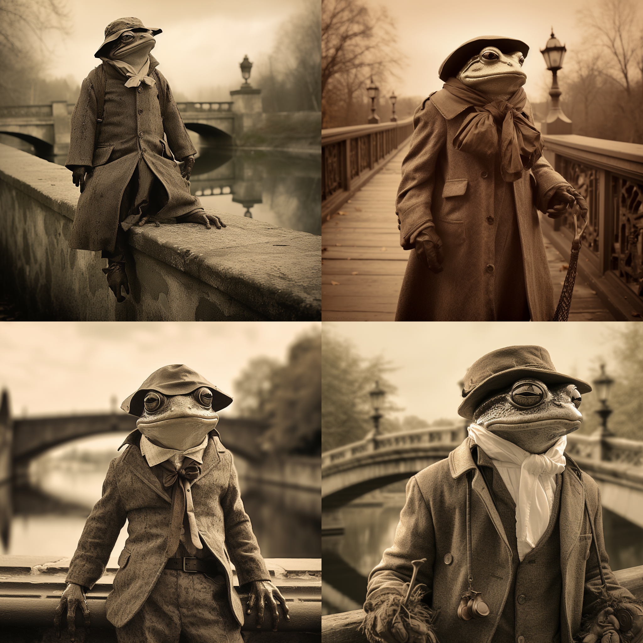 蛤蟆先生穿着宽大格子大衣和斗篷，亚麻长风衣，戴反戴鸭舌帽和护目镜，站在石头桥上。古色调，细节丰富，低角度，逆光，复古风格，沉稳表情，神秘感。