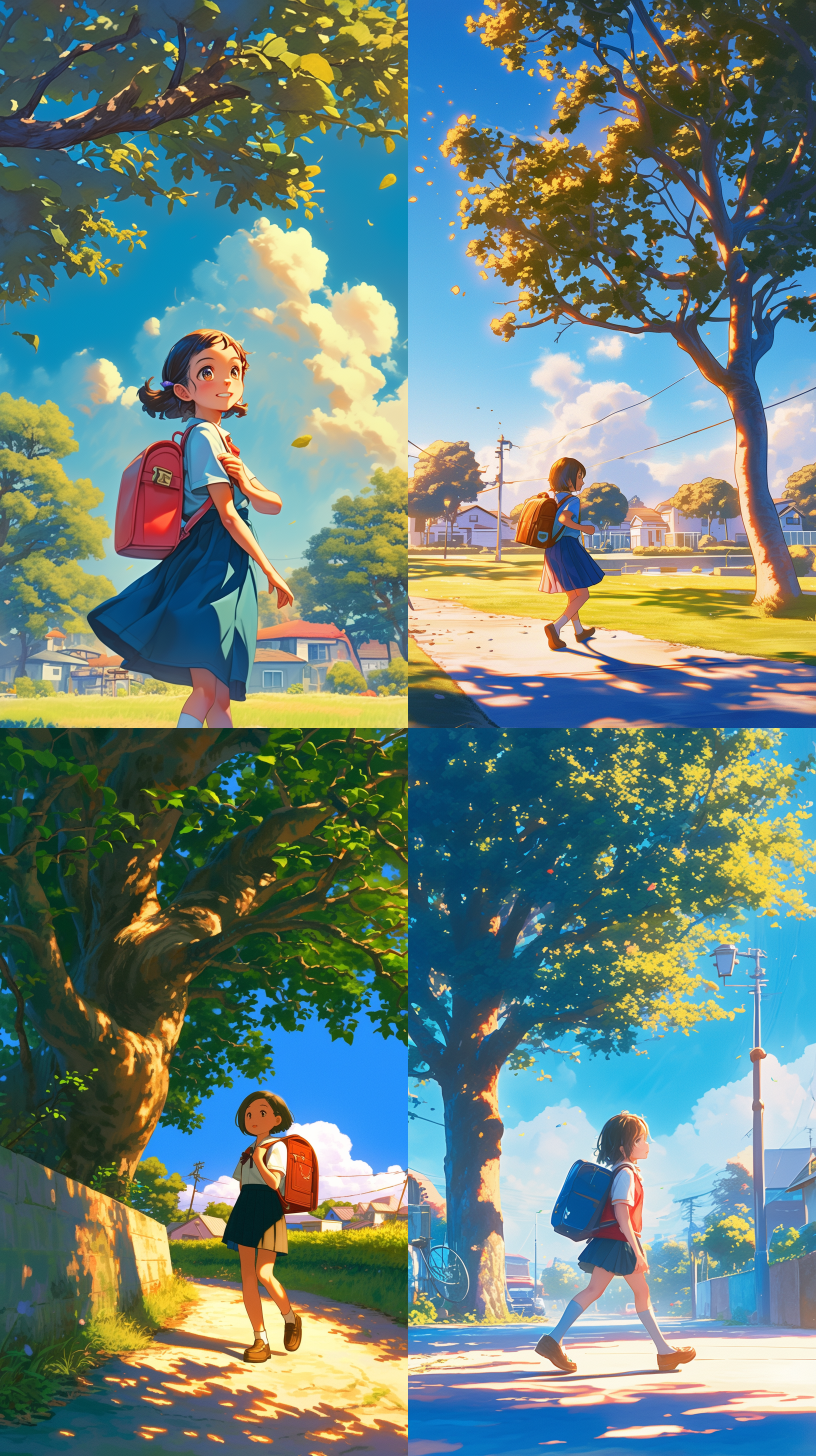 小女孩背着书包，迎着早上的太阳去上学，二次元风格 清晨，树荫下，蓝天白云，侧光，明亮色调，镜头特写，微笑，活泼，温馨。