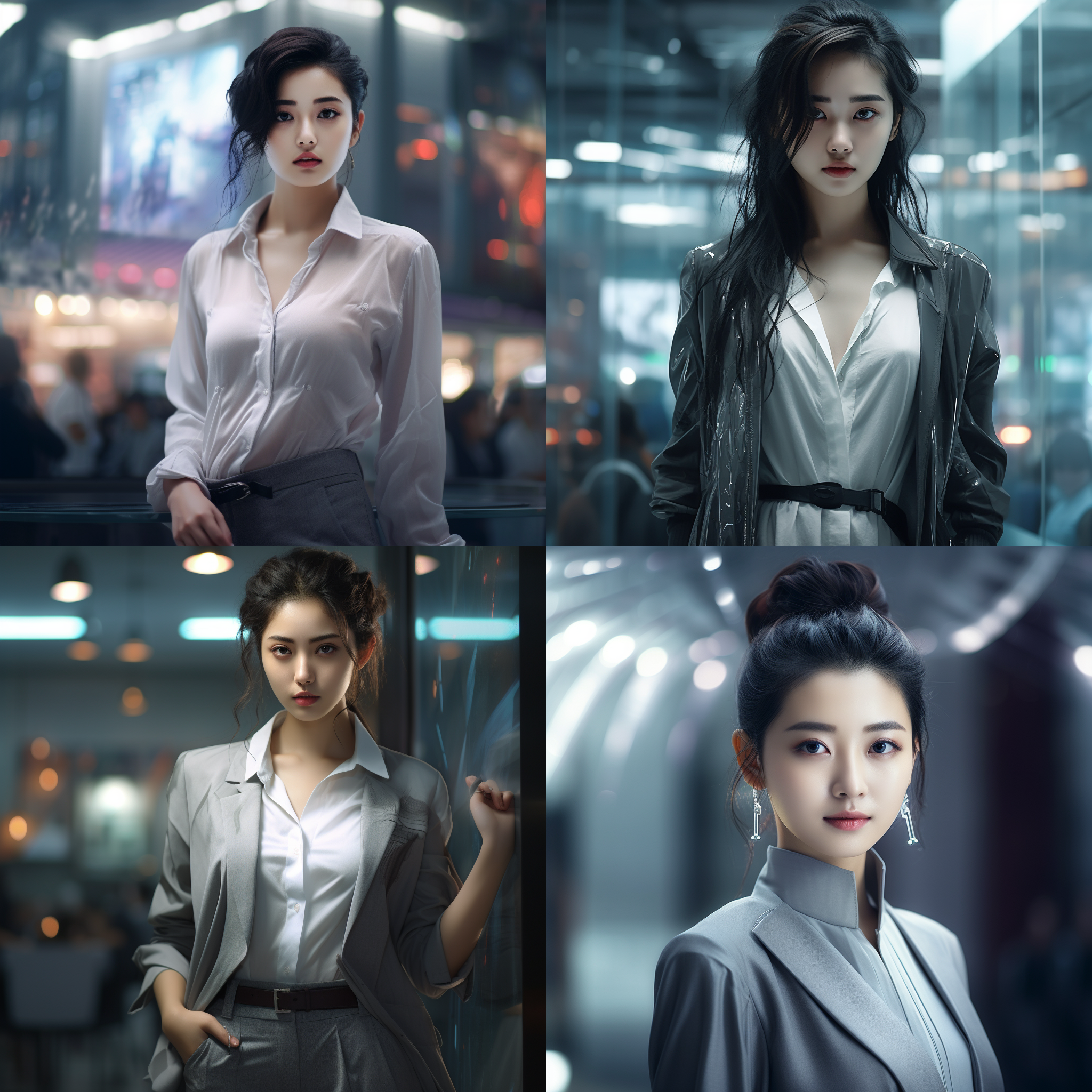 中国女性，站姿，现代科技环境，自信表情，整洁装扮，中性色调，前景聚焦，虚化背景，led照明，数字化元素，线条简约，灰色调，表现力强，自信，专注。