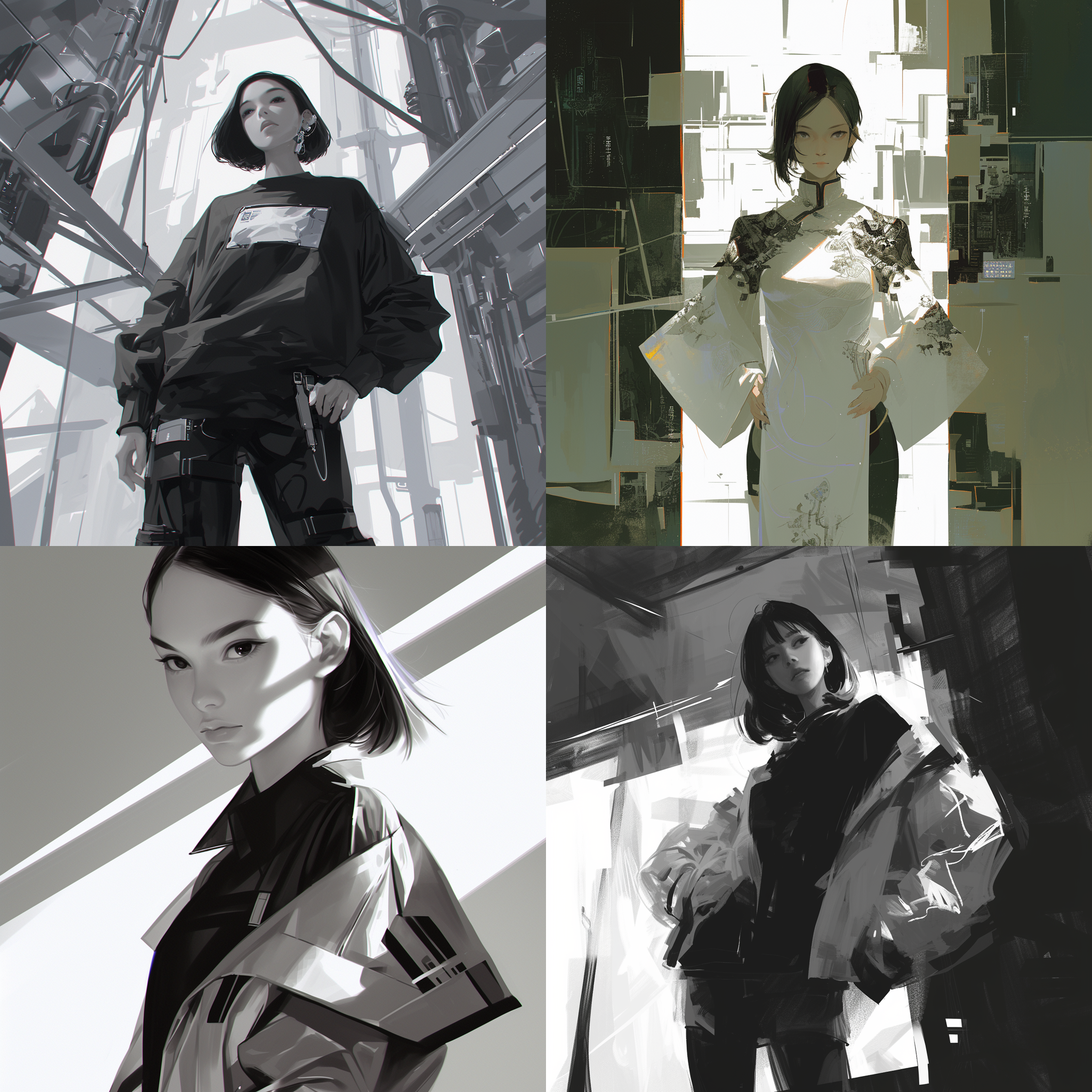 中国女性，站姿，现代科技环境，自信表情，整洁装扮，中性色调，前景聚焦，虚化背景，led照明，数字化元素，线条简约，灰色调，表现力强，自信，专注。