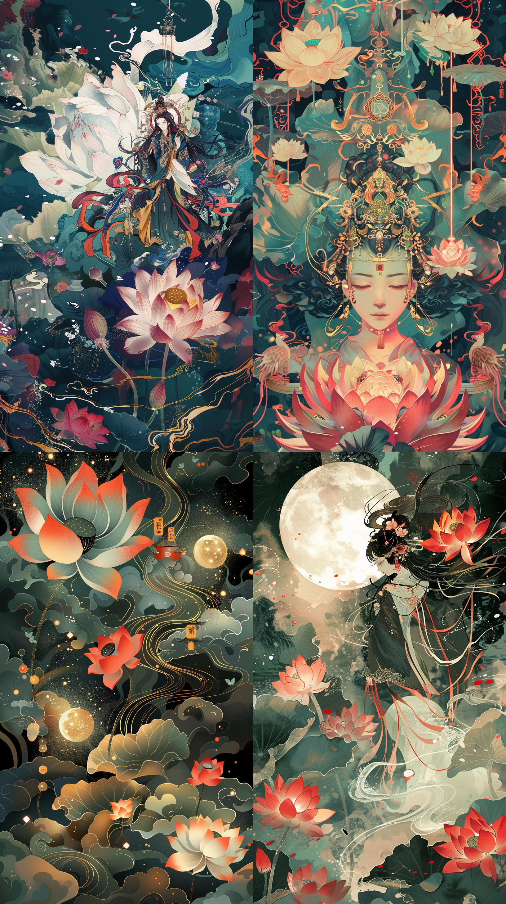 扁平插画风，展现滩头年画的特点。花纹穿梭，荷花屹立。门神、仙女齐聚，形象鲜明。色彩丰富，细节精致。闪烁光影，表达奋斗与希望。