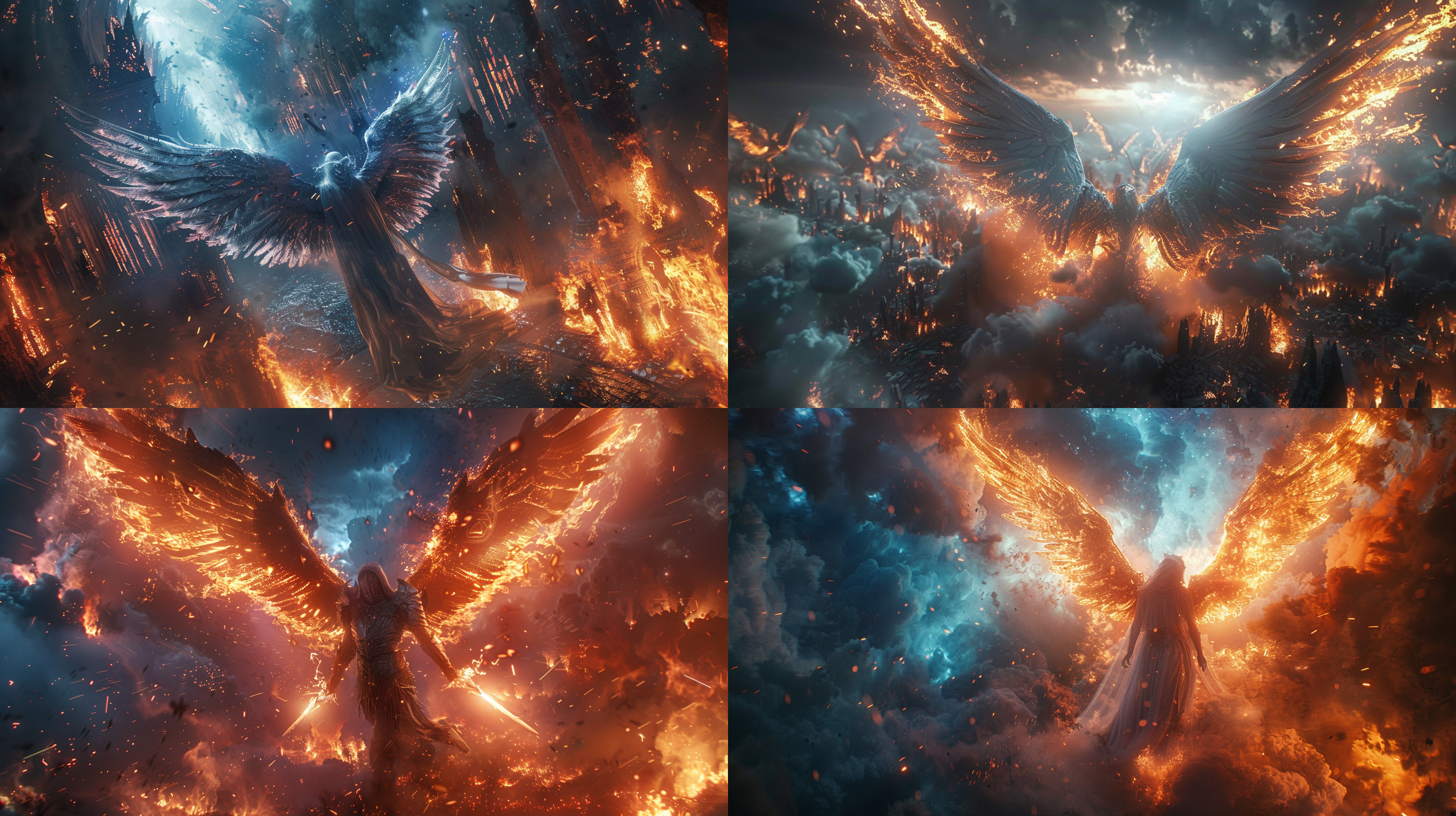 天使与堕落天使大战，古战场，剑拔弩张，炽热火焰，黑暗魔法，高对比度，战斗动作，壮观景色，战争氛围，蓝色调，紧张，激烈情绪。