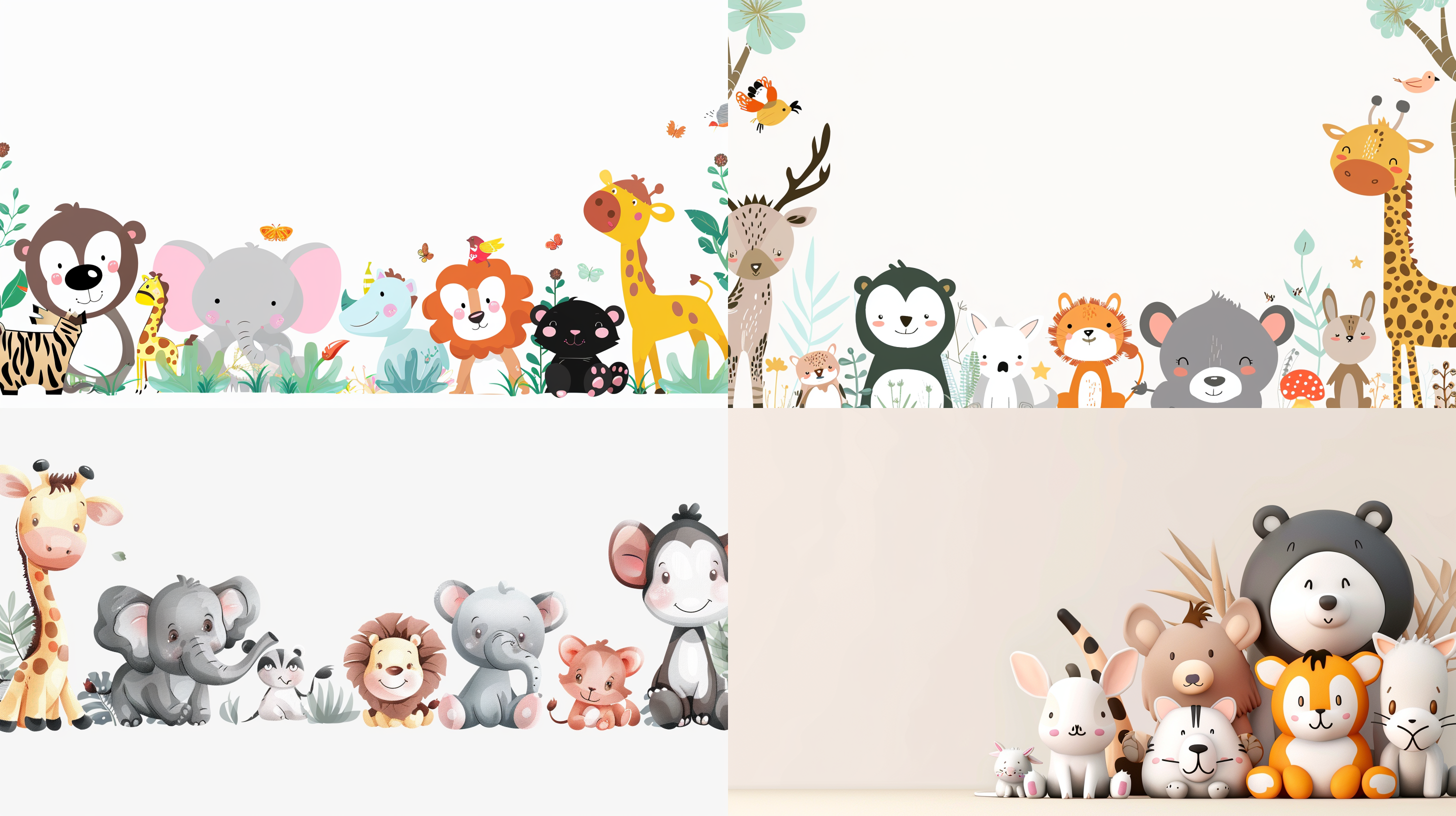 卡通不同动物，萌趣，背景留白，插画，文创，可爱、温馨、浪漫