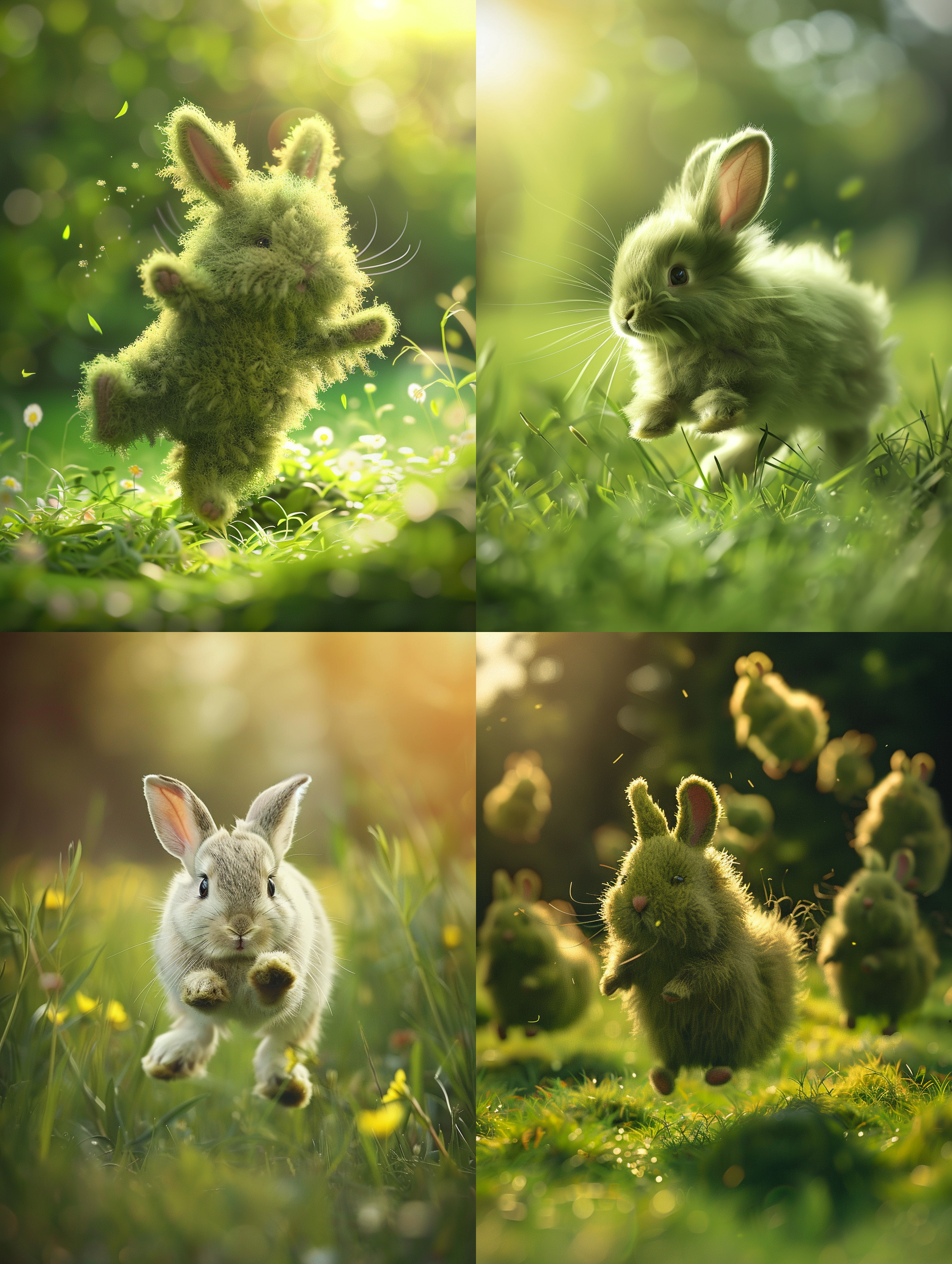 绿色毛茸茸兔子, 皮克斯风格, 温馨田园风景, 色彩丰富, 柔焦镜头, 自然光, 欢快跳跃, 生动活泼, 快门速度适中, 愉悦, 温暖情感。