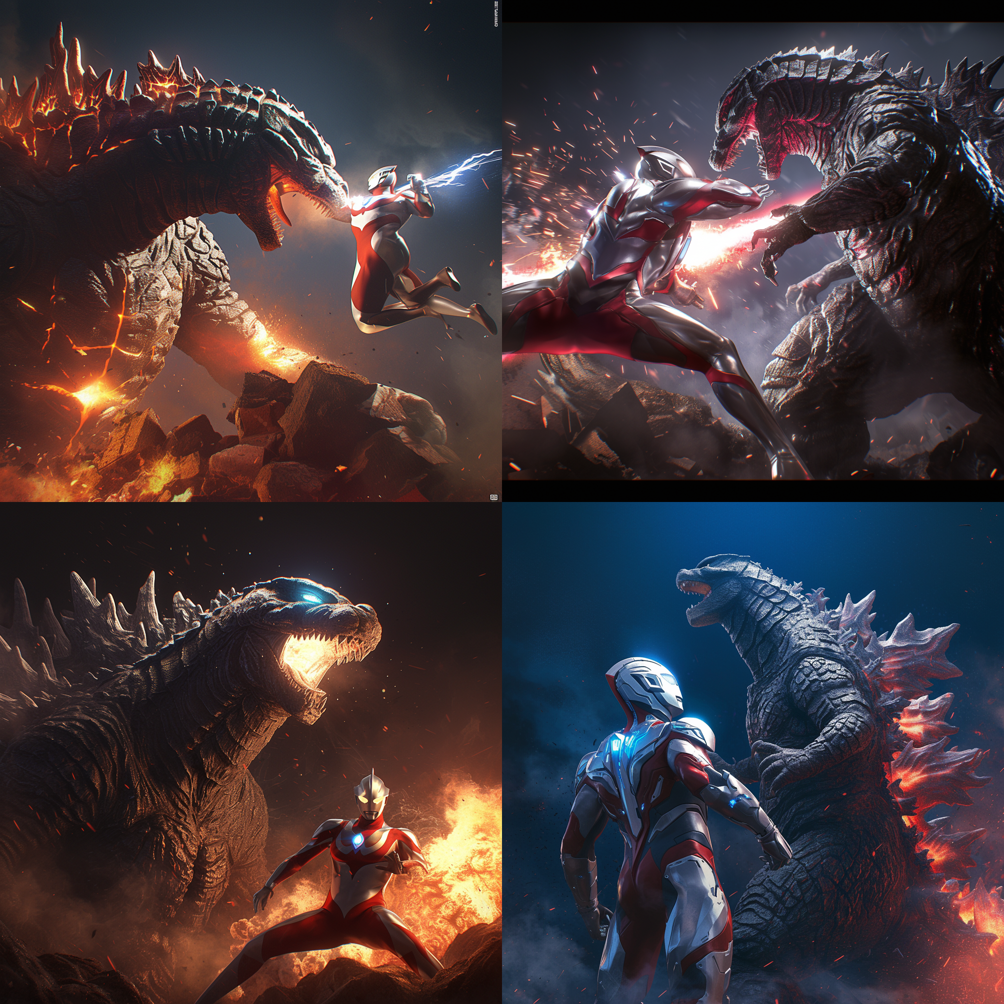 奥特曼大战哥斯拉，动作场面，逼真，超细节，高对比度，辛烷值渲染，细节丰富，32k，虚幻引擎，深色背景，电影照明，超级高分辨率，prophoto rb，真实质感，暗色调，长横版海报，电影海报，战斗氛围。